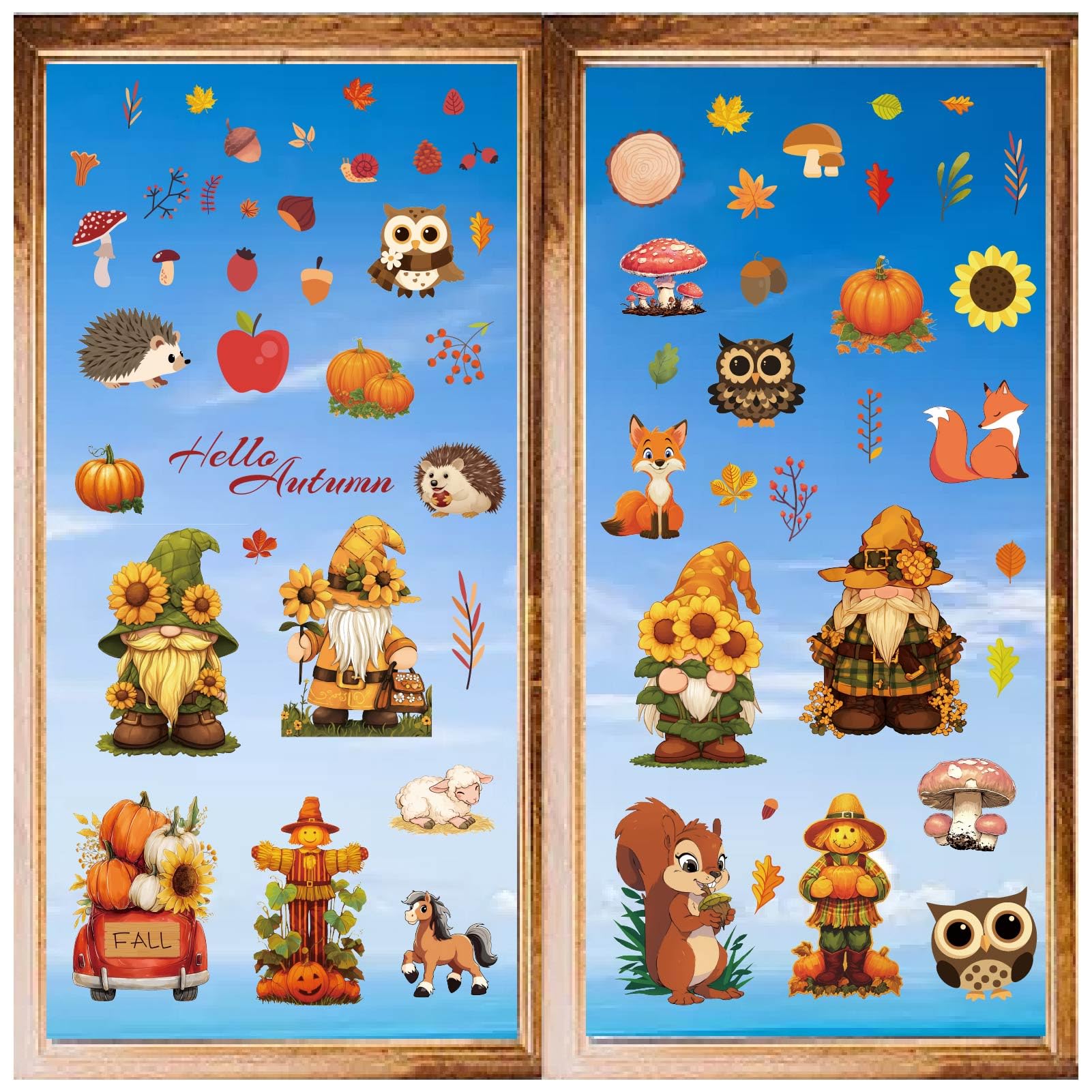 CRASPIRE 8 Sheets Autumn Wall Stickers Gnome Squirrel Fox Window Clings Wall Decals Stickers Peel and Stick Vinyl PVC Waterproof Adhesive Decor for Bedroom Living Room Bath Dorm