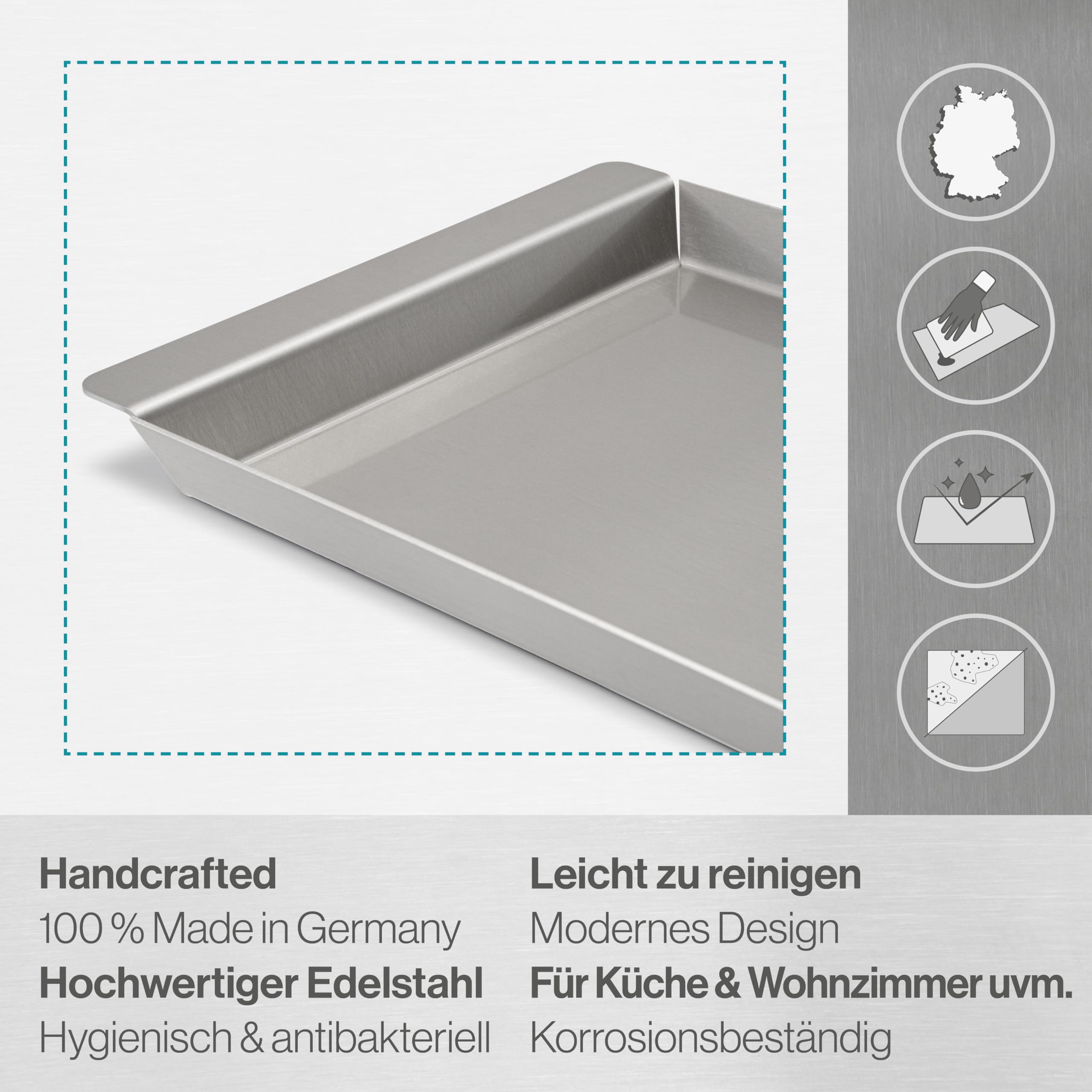 Serviertablett Edelstahl Rechteckig - Für Speisen, Snacks, Kaffee & Kuche - Tablett mit Griffen - Auch als Servierplatte, Partyplatte, Küchentablett - Anrichteplatte (50 x 37,5 cm)