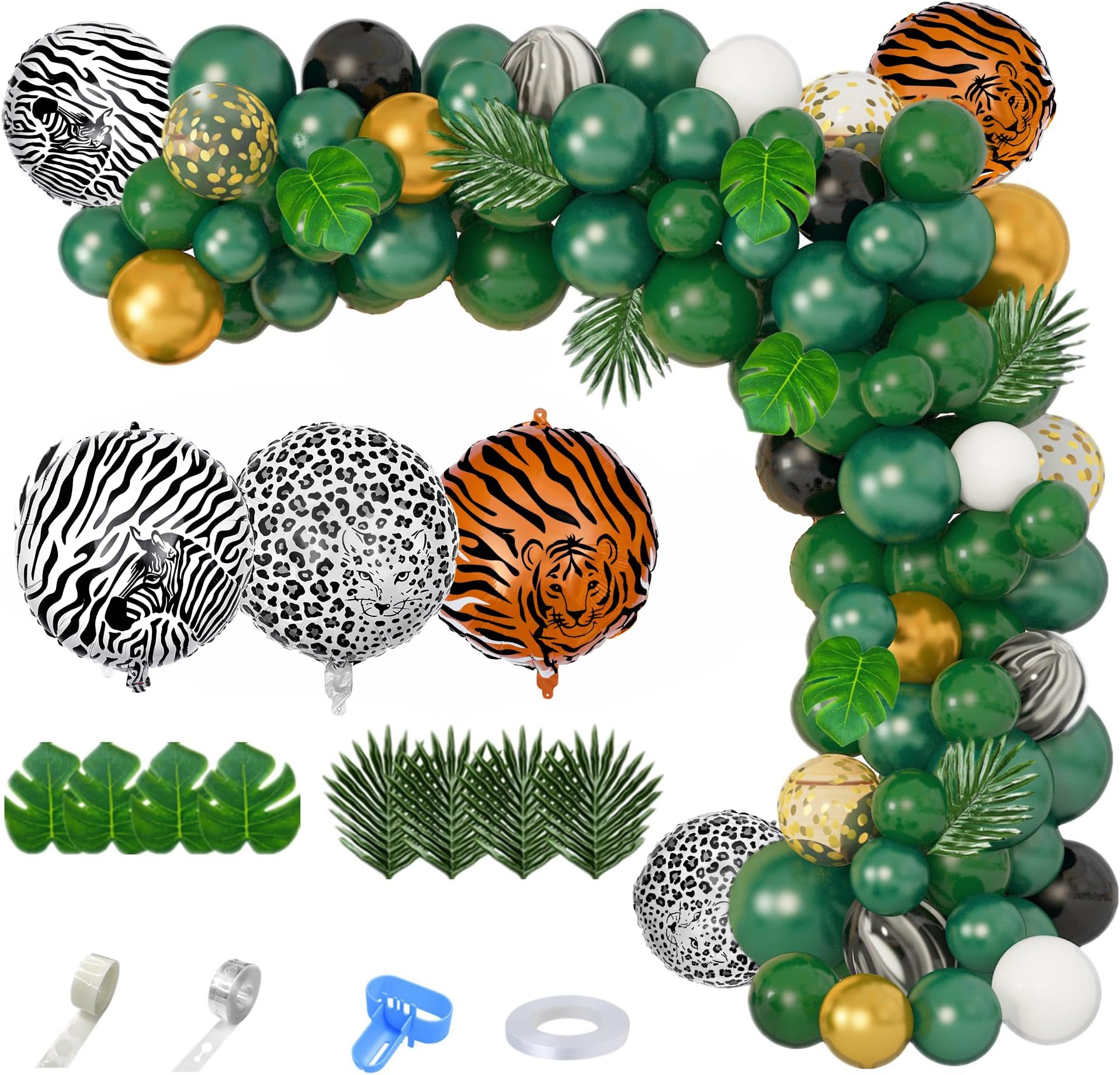 Amandir 152Pcs Jungle Safari Balloon Garland Arch Kit, Gold Dark Green Animal Balloons Artificial Tropical Palm Leaves Decorations Boy Girl Wild One Birthday Party Supplies
