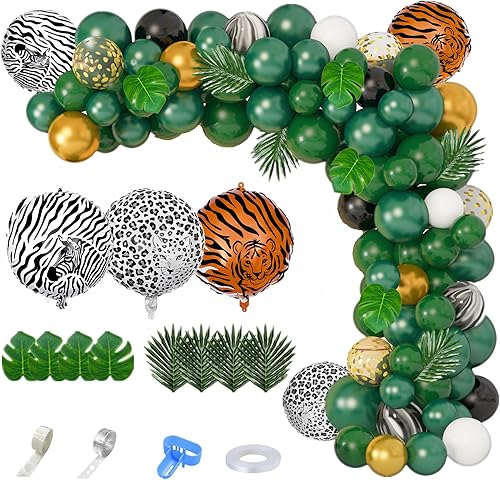 Amandir Kit de arco de guirnalda de globos de safari en la selva, globos de animales verdes dorados y verdes artificiales, hojas de palma,