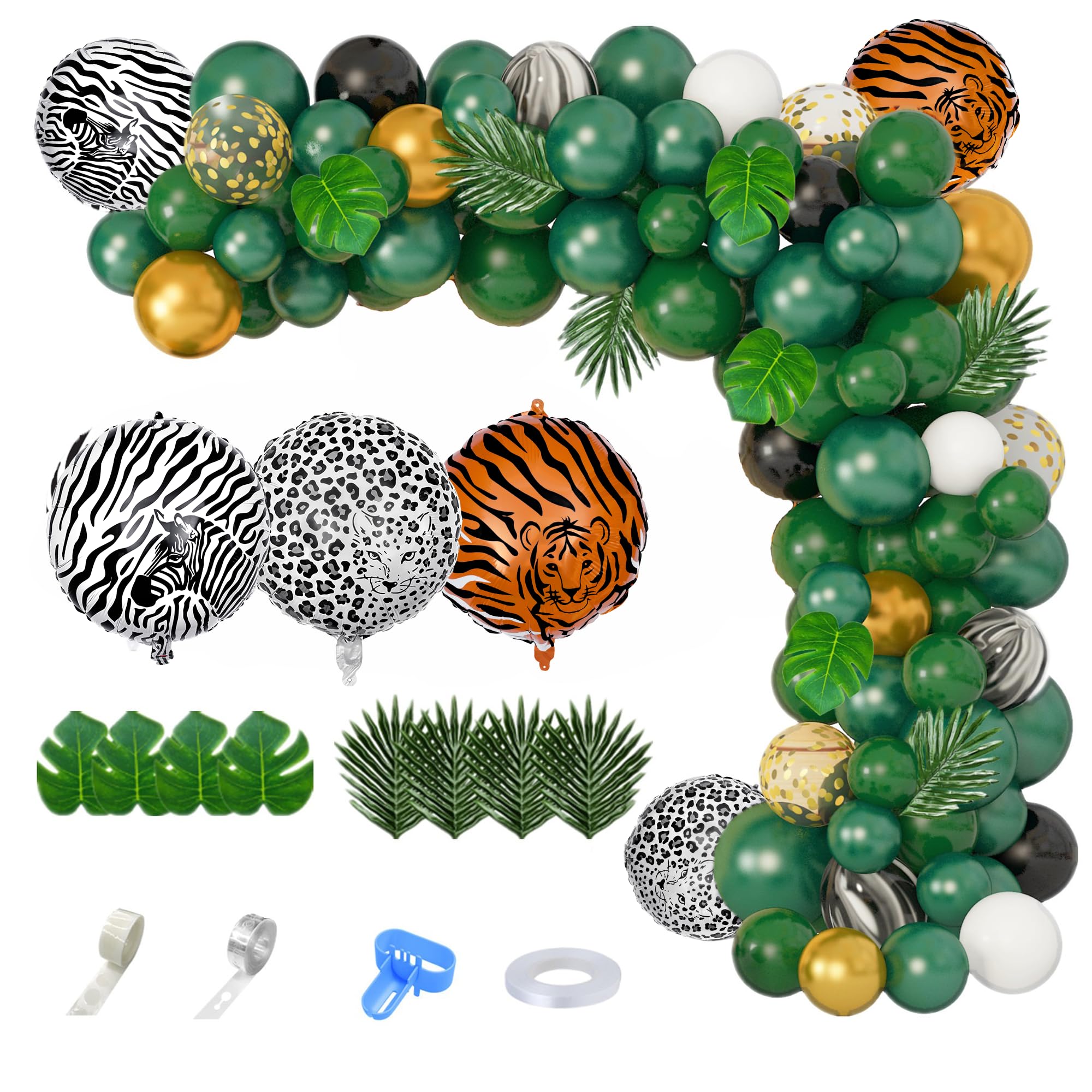 Amandir 152Pcs Jungle Safari Balloon Garland Arch Kit, Gold Dark Green Animal Balloons Artificial Tropical Palm Leaves Decorations Boy Girl Wild One Birthday Party Supplies
