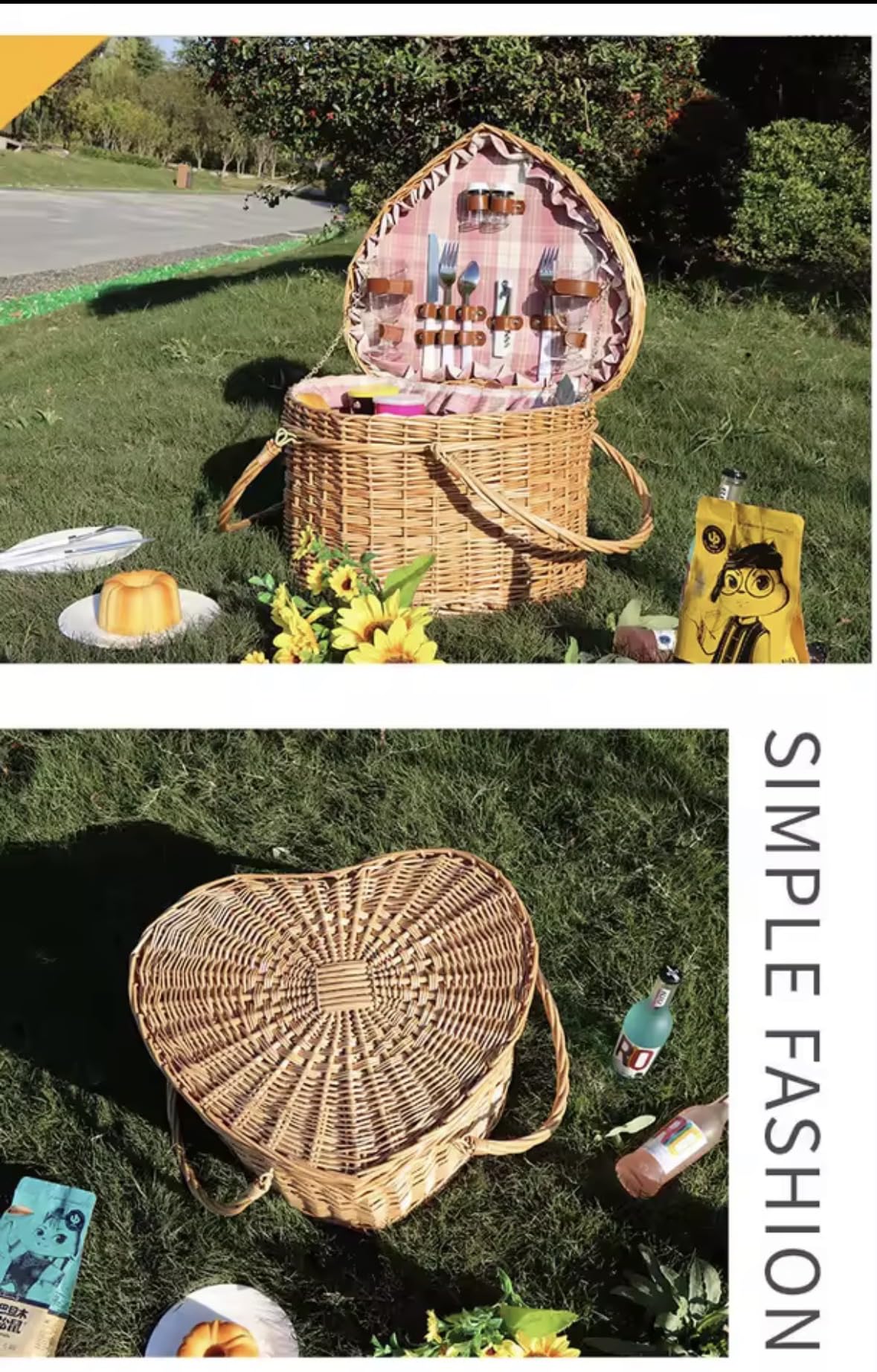Cesta de picnic de mimbre, transportador tejido de ratán en forma de corazón con asa, almacenamiento portátil de alimentos para camping, viajes y comedor al aire libre, 45 x 39 x 25 cm
