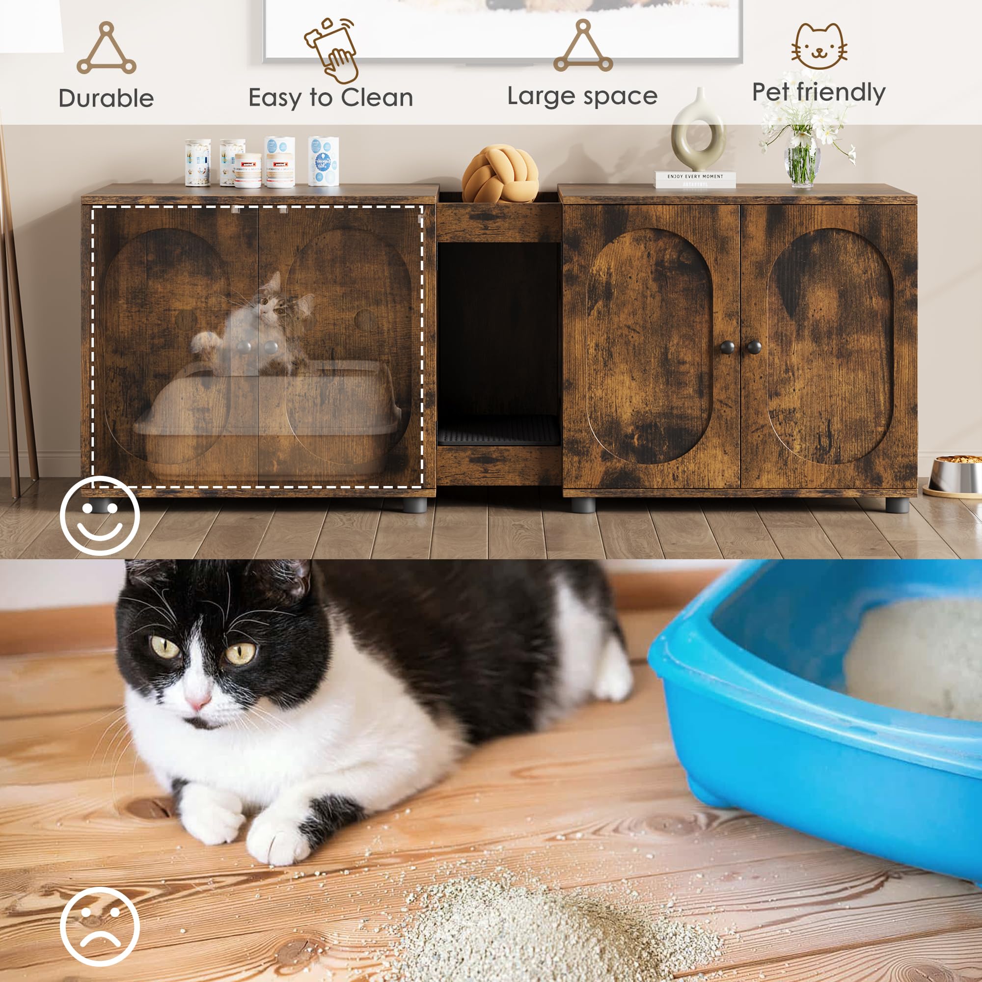 IDEALHOUSE Großes doppeltes Katzenklo-Möbel 140cm – Katzenhaus für 2 Katzen – Versteckter Katzenklo-Schrank mit Trennwand und Stauraum – Holzoptik, Klassisch Farbe – Spezifikation: Ohne Rattan