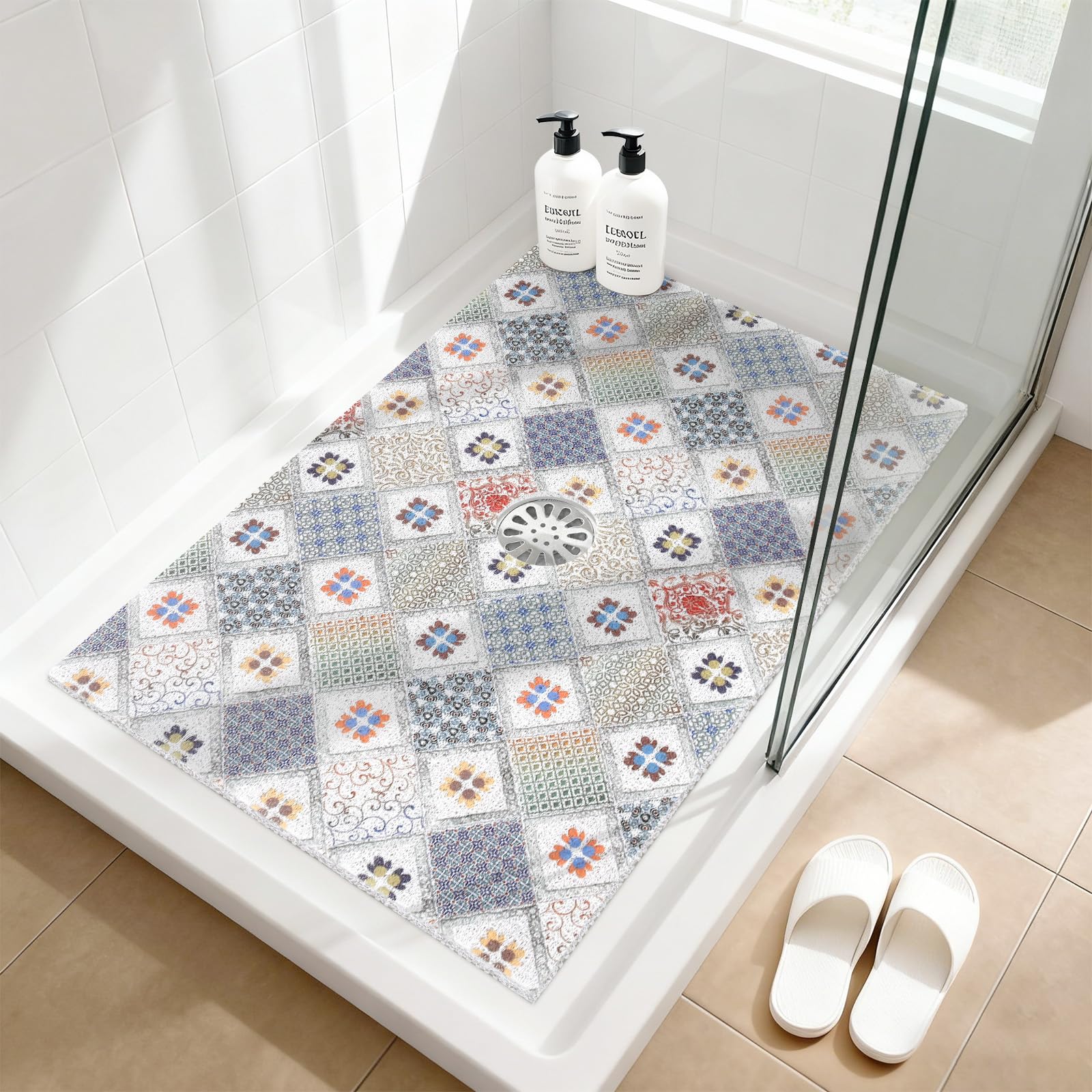 Shower Mat Non Slip - 24x36 Inch Shower Mats for Inside Shower with Drain Hole in Middle, Super Soft and Comfortable PVC Loofah Massage Bath Mat for Shower, Anti Slip Shower Stall Mat, Quick Drying