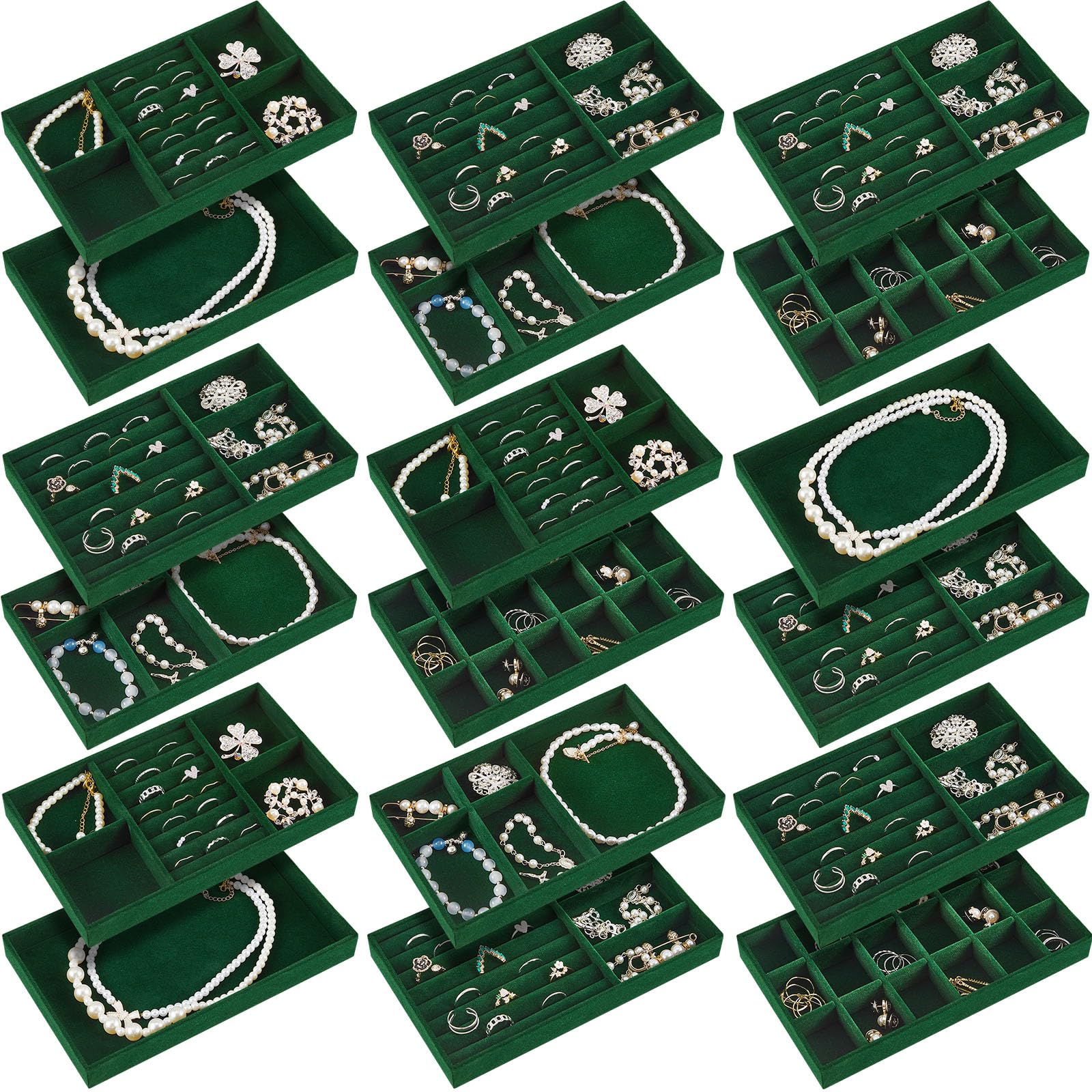 Junkin 18 vassoi in velluto impilabili per gioielli, organizer per cassetti e gioielli, con divisori, per orecchini e braccialetti (verde scuro)