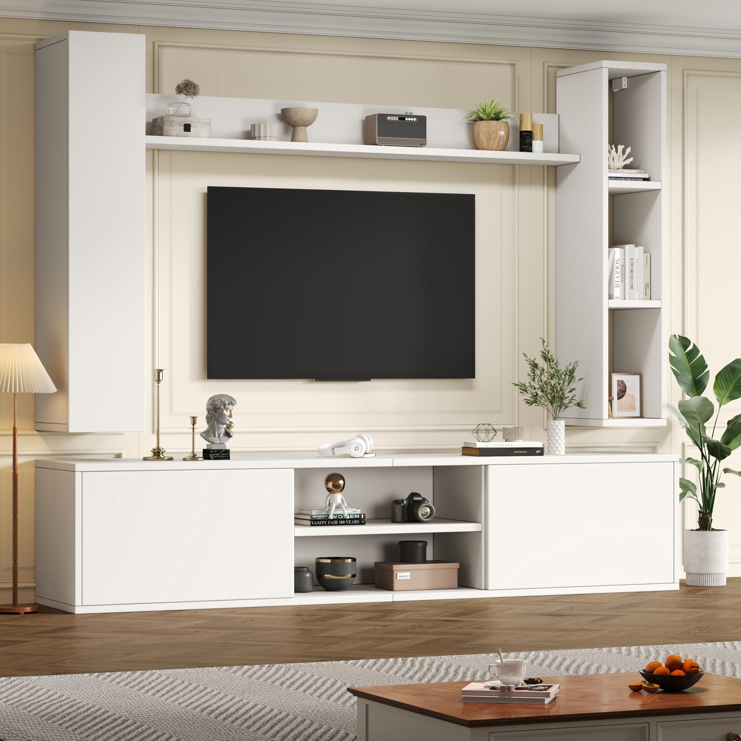 TIZZ Set da parete per TV, 180 x 35 x 33,5 cm, con vetrine (set completo, 4 pezzi), supporto per TV, mensola e 2 mensole da parete, set di mobili da soggiorno, TV in piedi e sospeso, TV fino a 80