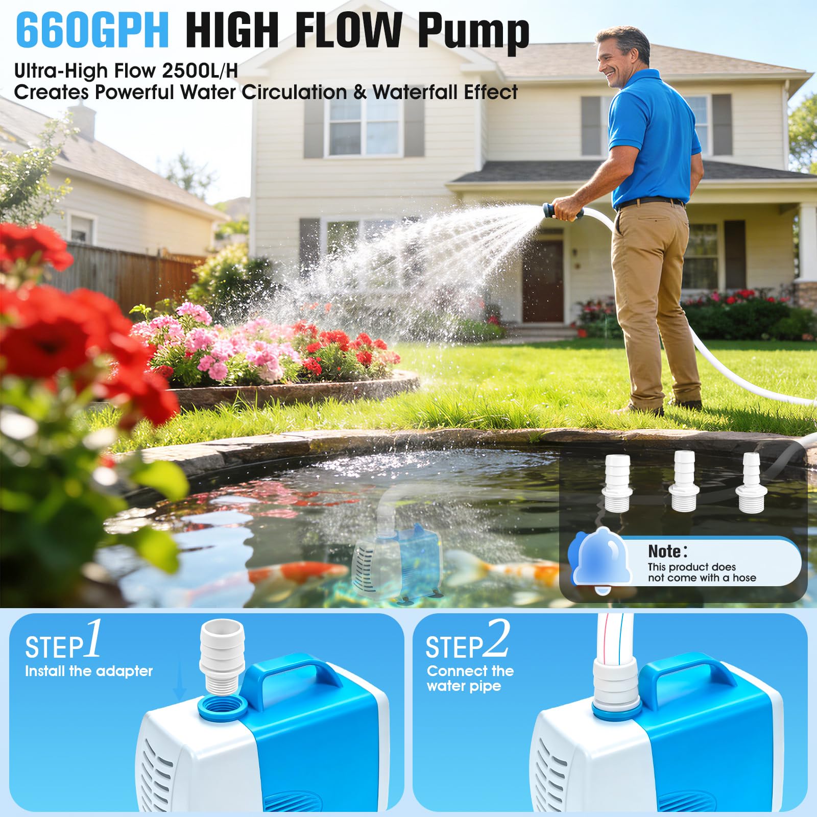 Luxfero Pompe pour Fontaine Extérieur avec Filtre, 3000 L/H, Lumières RGB, 3 Modes de Pulvérisation