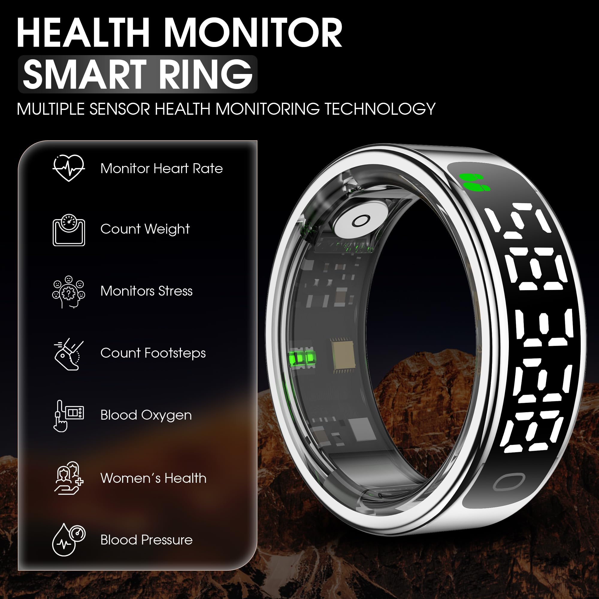 N&G Anillo inteligente para hombres y mujeres, anillo de seguimiento de fitness y salud con pantalla LED, frecuencia cardíaca, contador de pasos y monitor de sueño, modos multideporte, resistente al