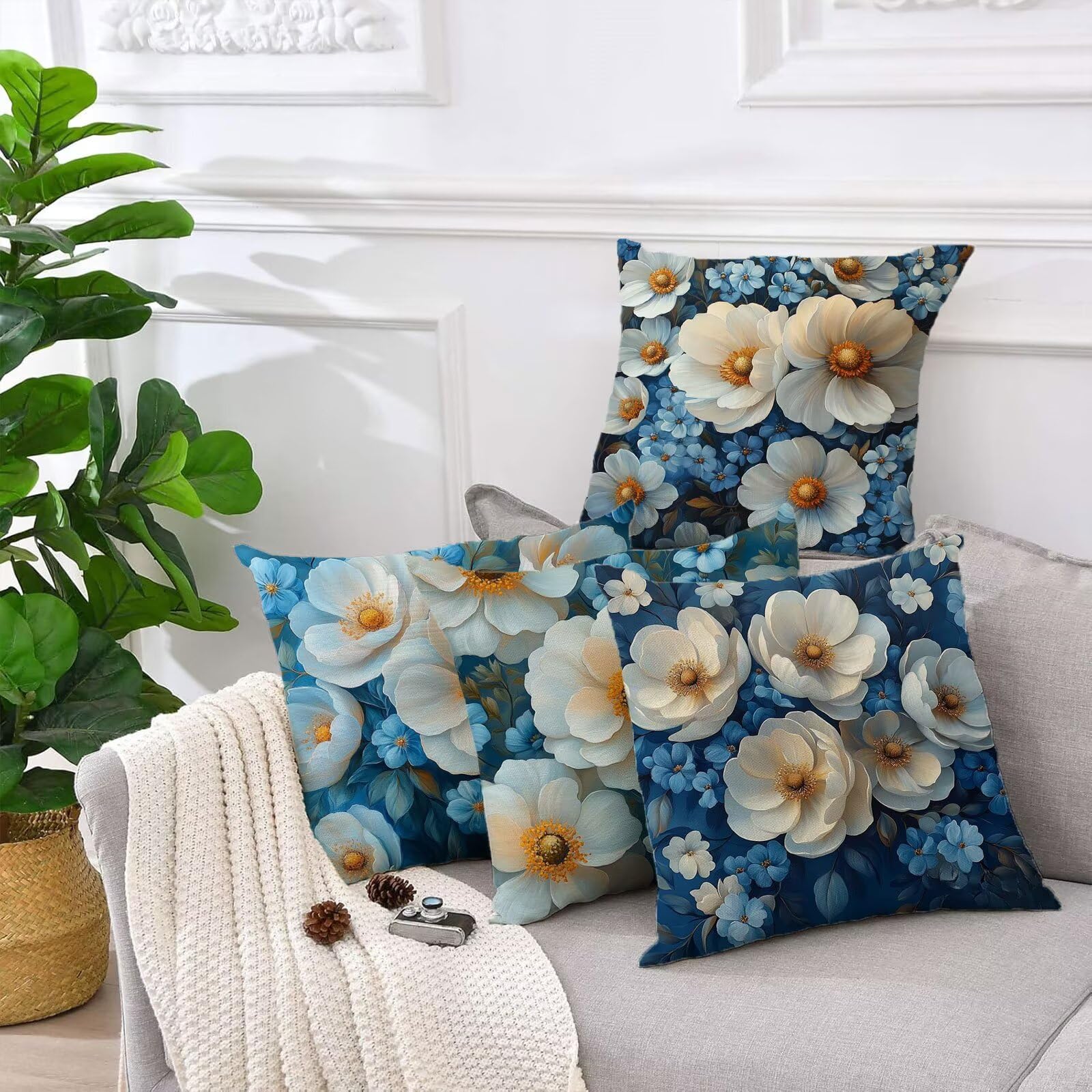 Cojines impermeables de terciopelo azul para exteriores, 50 x 50 cm, paquete de 4 fundas de almohada decorativas para muebles de jardín, sofá y banco, diseño floral listo para regalar