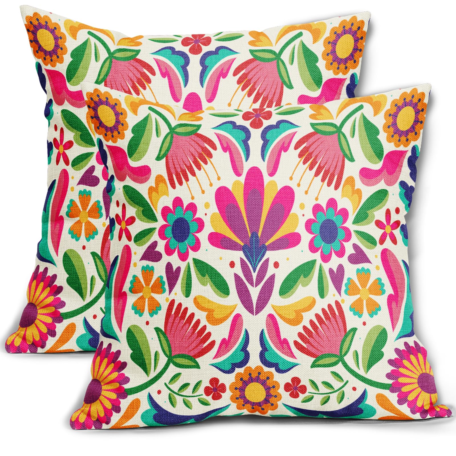 Mexican Pillow Covers 18x18 Set of 2 Hot Pink Green Colored Flowers Leaf Print Throw Pillows Outdoor Ethnic Art Style Decorative Pillow Case Linen