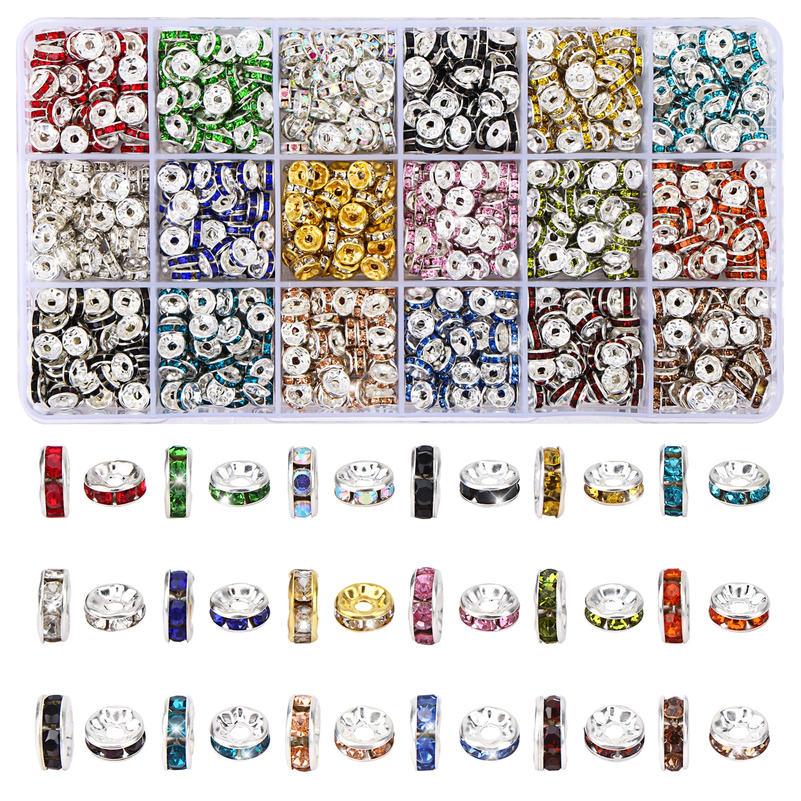 QUEFE 1170Pcs Rhinestone Spacer Beads for Jewelry Making, Rondelle Crystal 8mm Bead for Necklaces, Focal Beads for Pen, Bracelet Pendants (18 Colors)