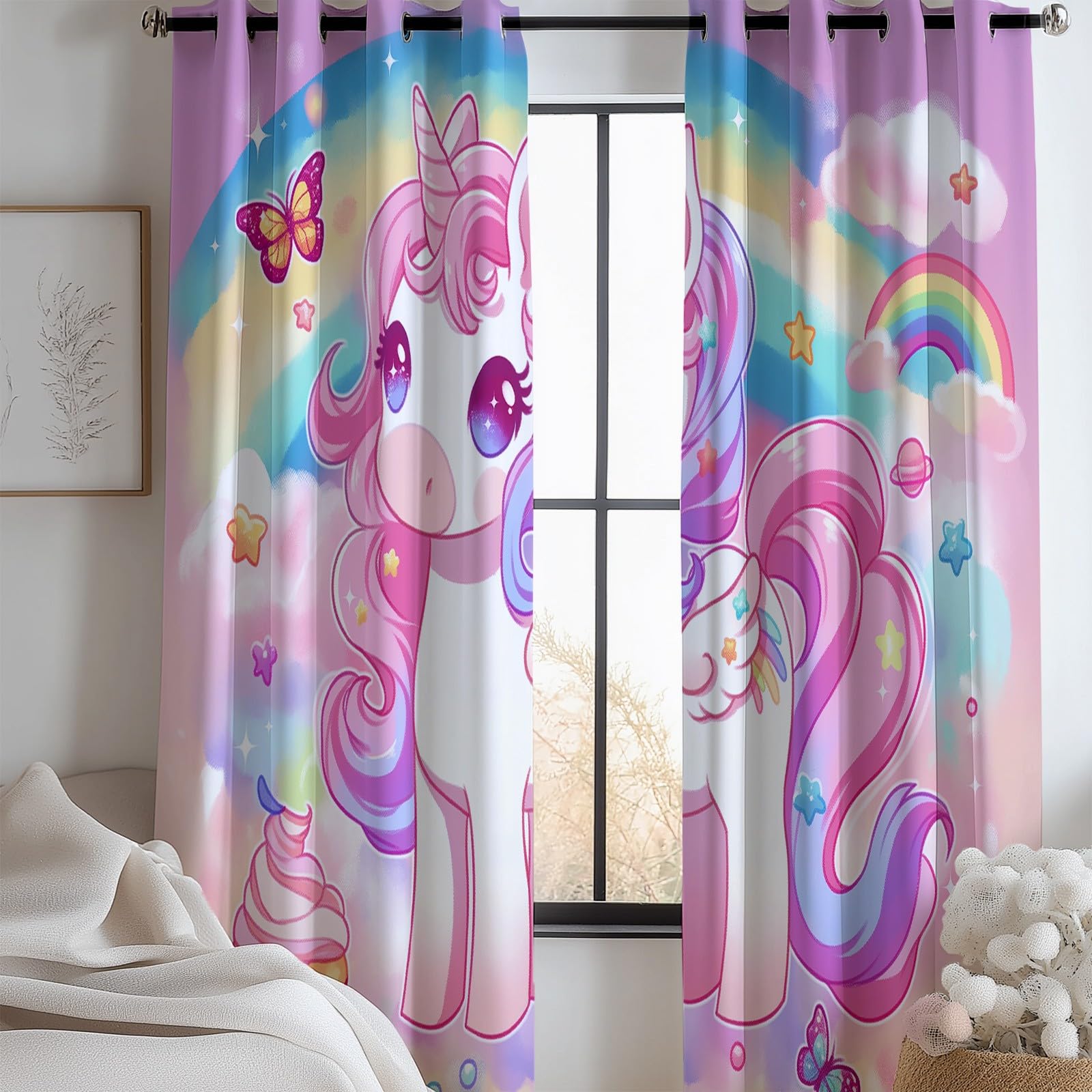 Rideaux Occultants Thermiques Dessin Animé Mignon Licorne Arc-en-Ciel Rose, Rideaux Opaques à Œillets pour Salon et Salle à Manger, Isolation Thermique Moderne, L117 x H138 cm, Lot de 2