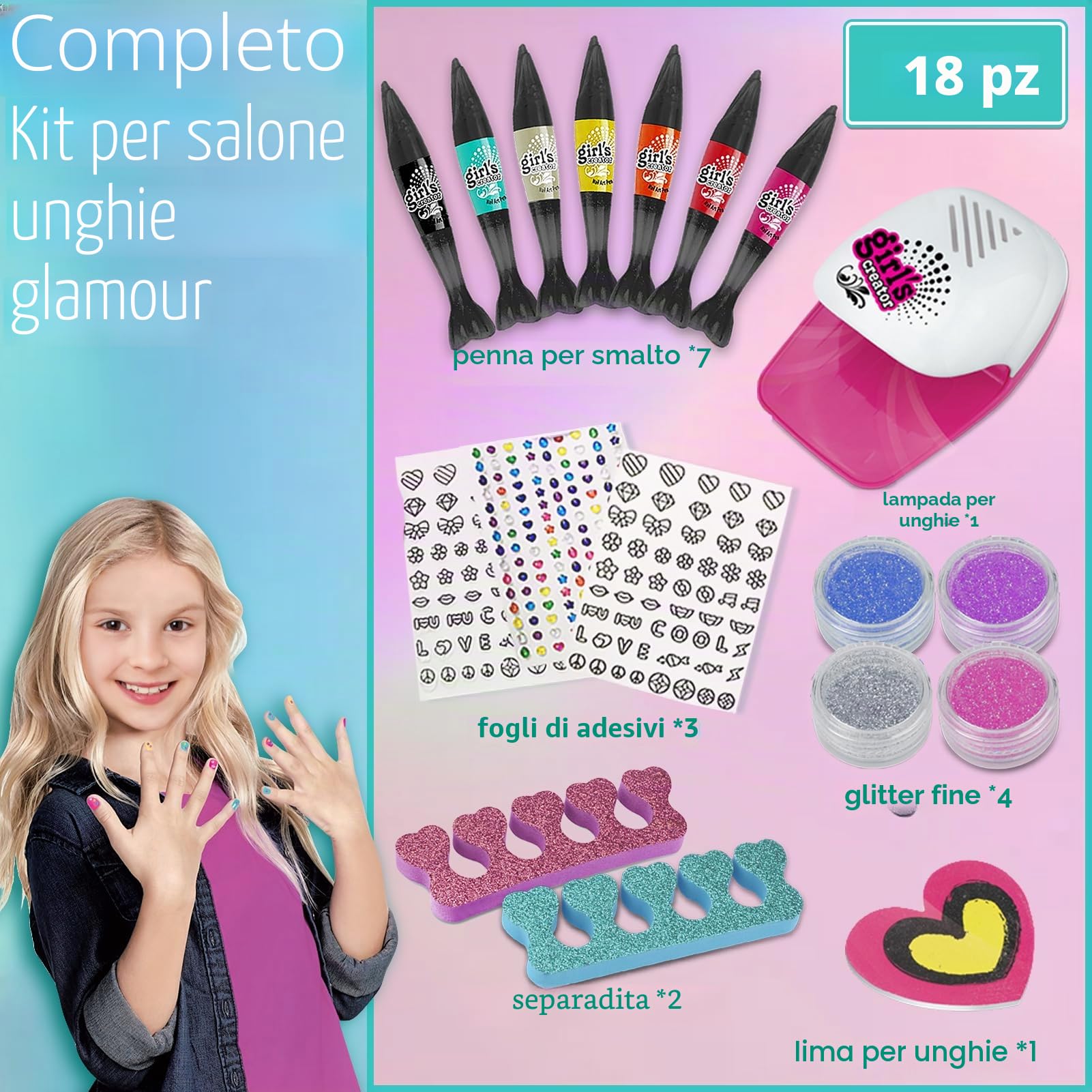 18Pz Kit Unghie Bambina, Set Nail Art per Bambine e Ragazze 3 6 7 8 9 10 12 anni, Unghie Set Manicure Gioco, Kit Gioco Per Unghie Bambina Accessori Nail Art Giocattoli Regali Natale Compleann
