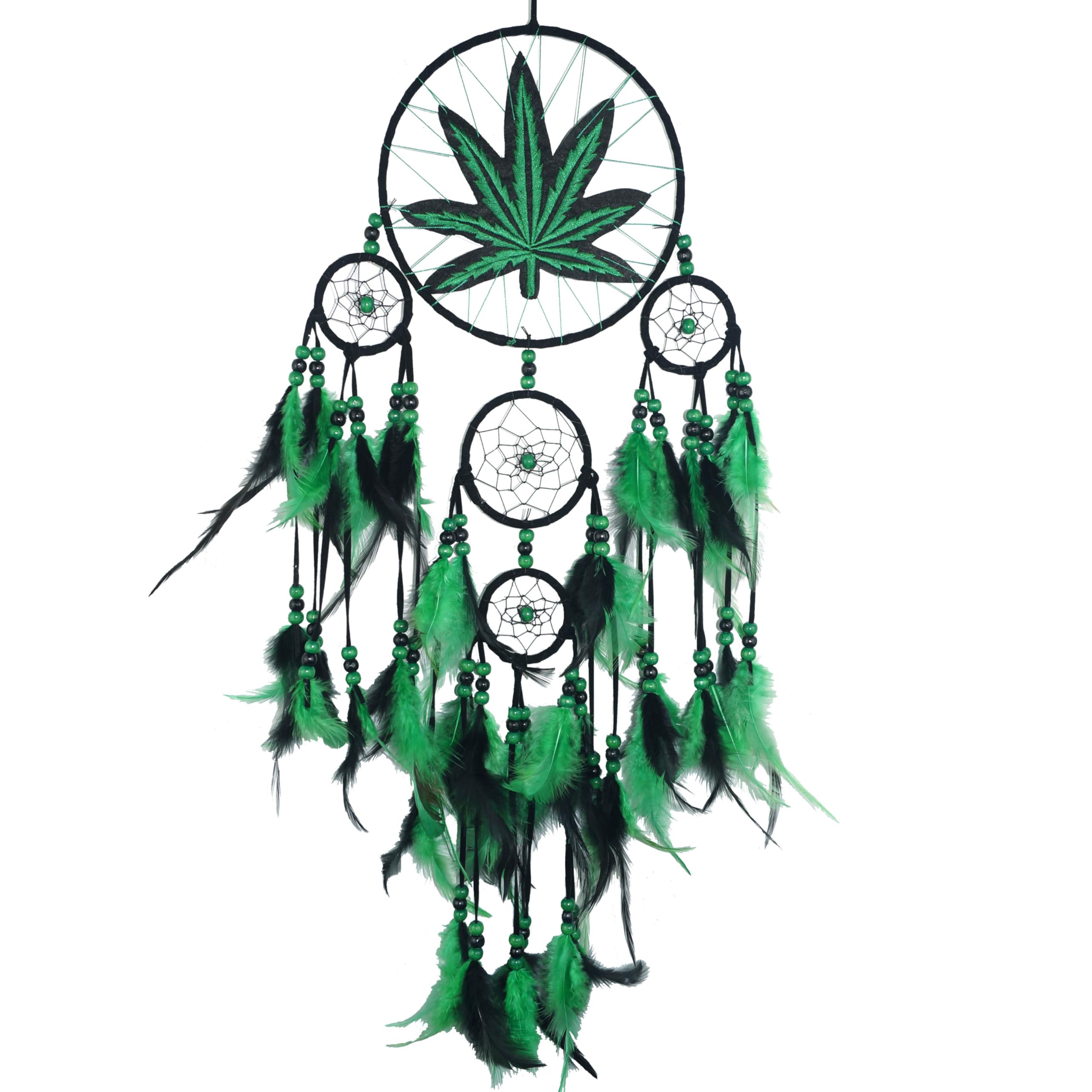 Green Leaf Weed Dream Catcher Wall Hanging Decor Bedroom Adult Living Room Home Bohemian Decorations (5 Rings)
