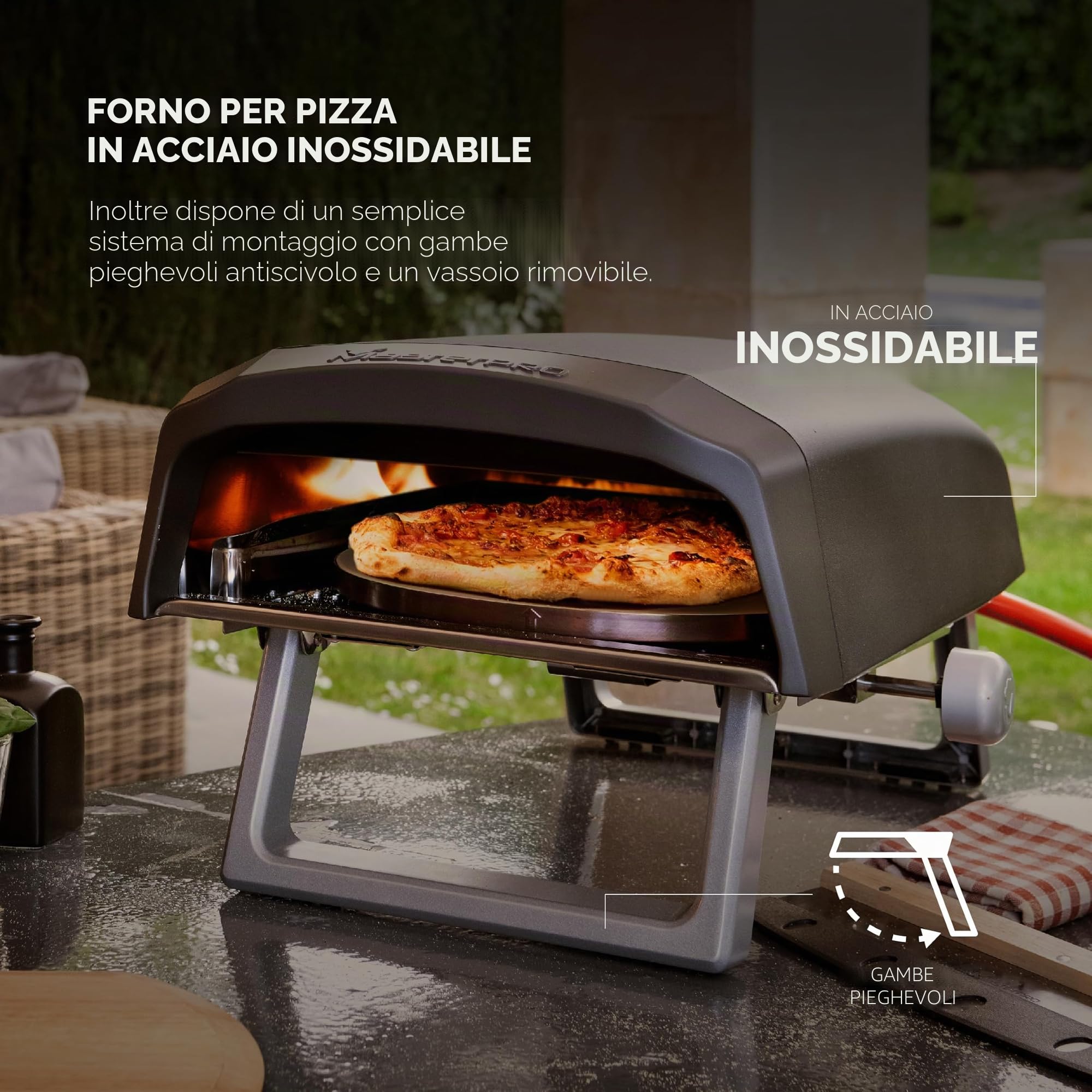 MasterPRO Napoli - Forno per pizza a gas con funzione girevole per una distribuzione uniforme del calore - Potenza fino a 500 °C - Pizza in 60 secondi - Borsa per il trasporto e vassoio in pietra