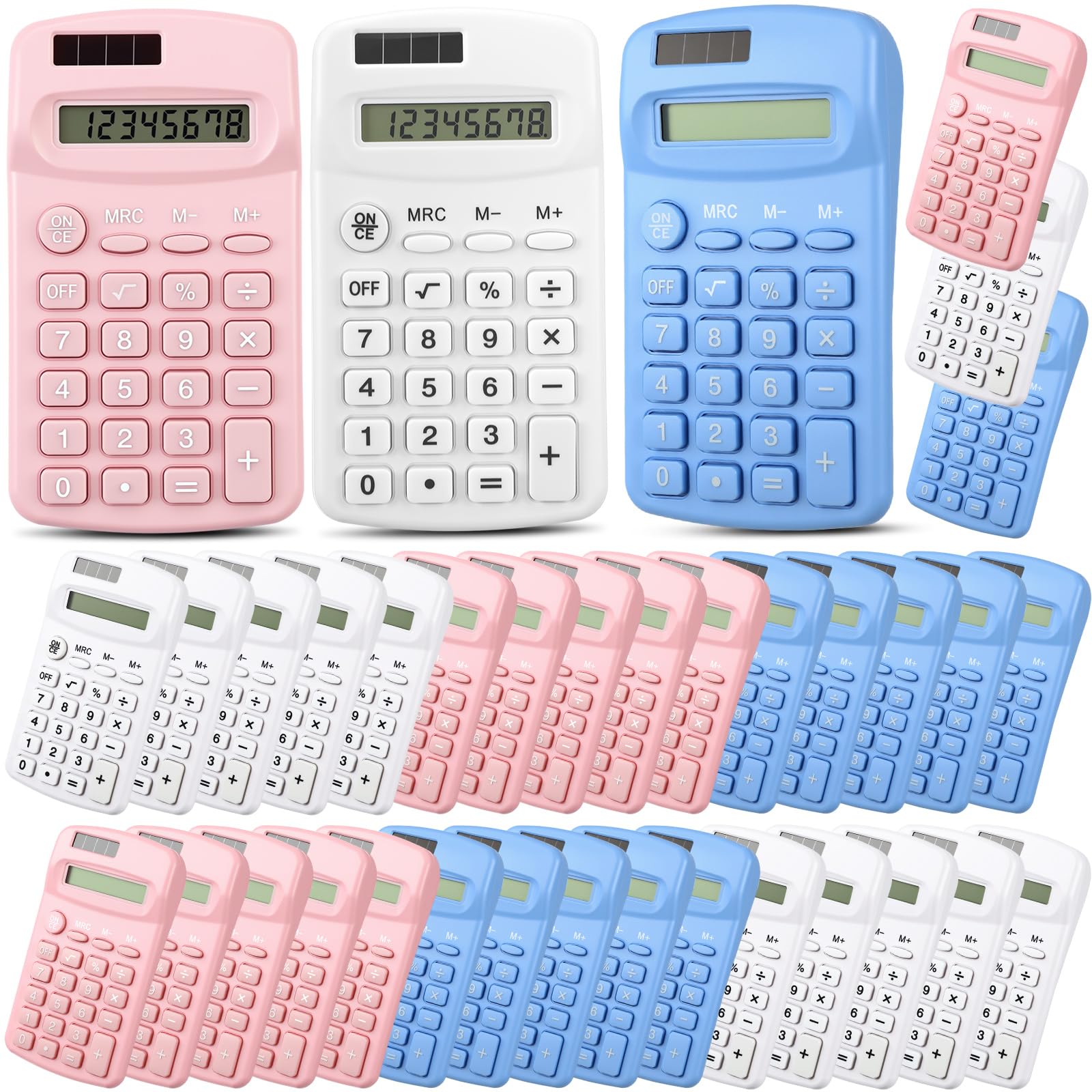 Flutesan Confezione da 30 calcolatrici tascabili, piccole dimensioni, alimentate a batteria, 4 funzioni, calcolatrice di base per studenti, bambini, scuola, casa, ufficio (bianco, rosa, blu)