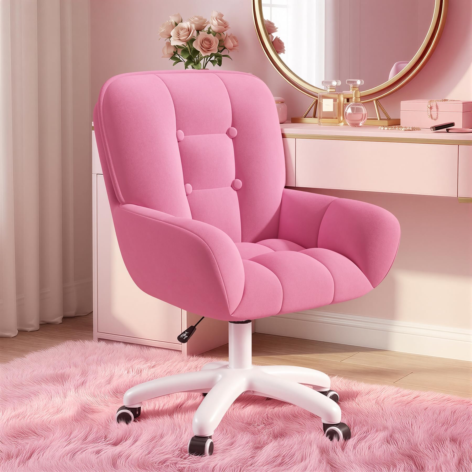 Velvet Office Vanity Swivel Chair - Height Adjustable, 150kg Load Capacity, Ergonomic Desk Chair for Home Office, Study, Bedroom - Red
