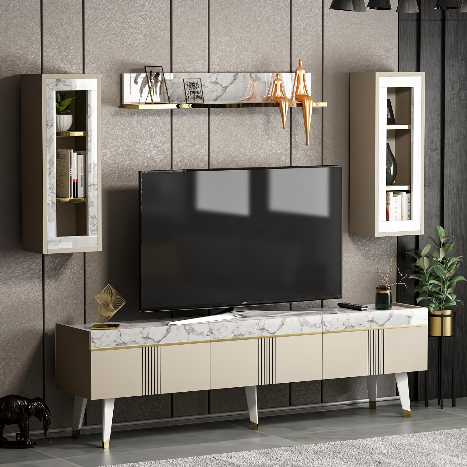 Homidea Karya - Mobile TV da soggiorno, con 3 ante dal design moderno (Beige/Marmo)