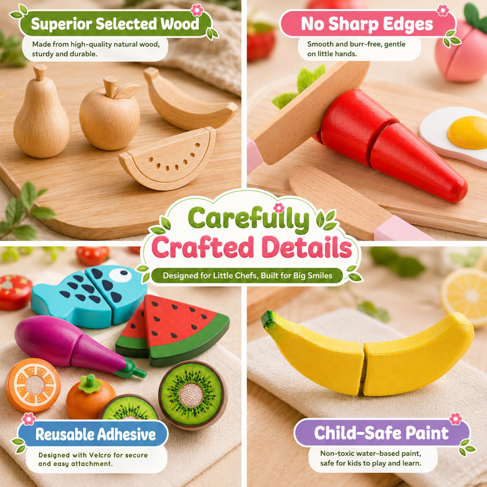 BunnyJOY Dinette Bois Accessoires Cuisine Enfant 2 3 Ans, Fruits et Légumes en Bois à Découper  26 Pièces, Jeu Éducatifs D’Imitation, Jouets Montessori 3 4 5 Ans, Cadeau Filles Garçons
