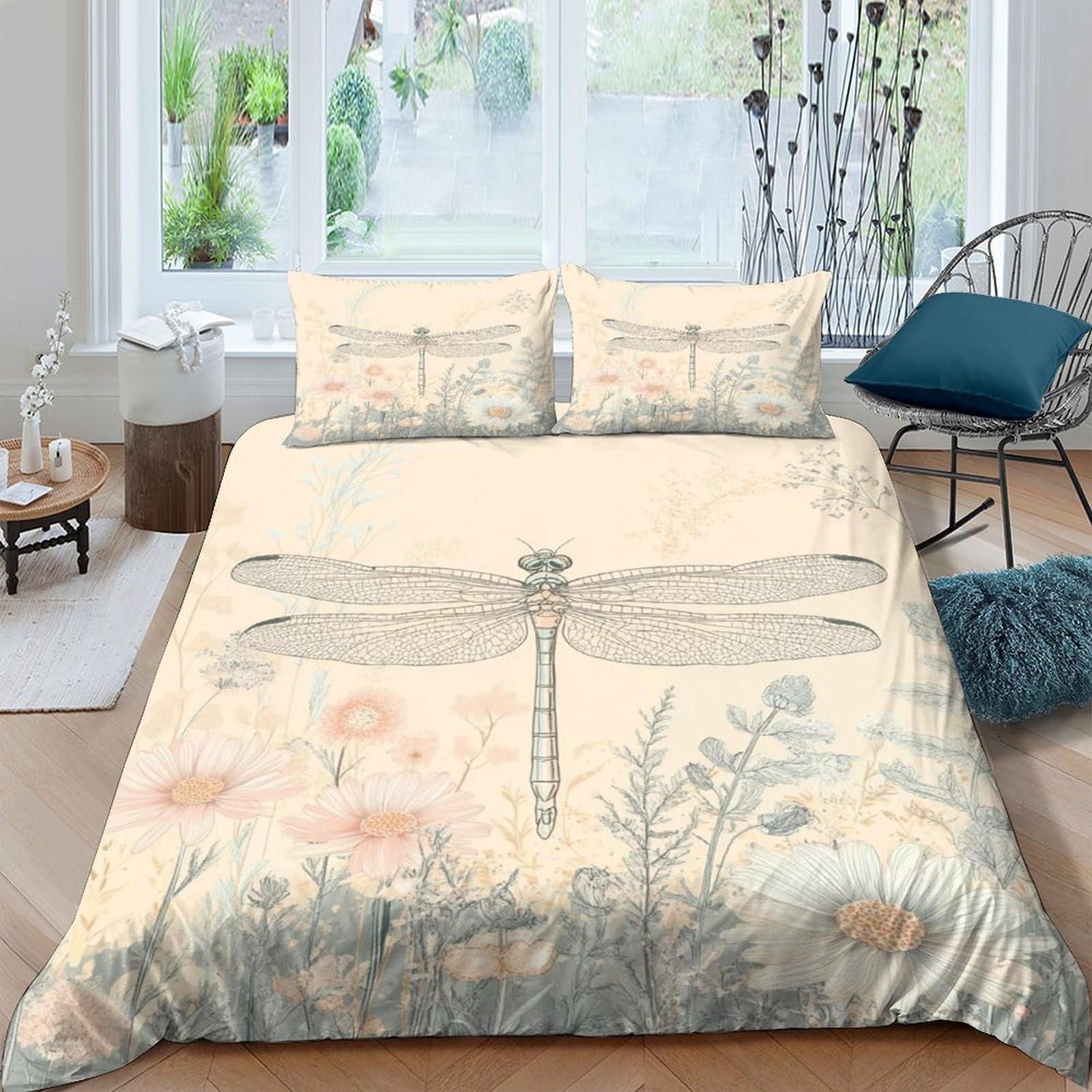 Ctjqhvkz Style-6 3D Printed Dragonfly Botanical Fitted Sheet Microfiber Beige Nature Floral Mattress Cover For Bedroom Living Room Decor Single（135X200cm）