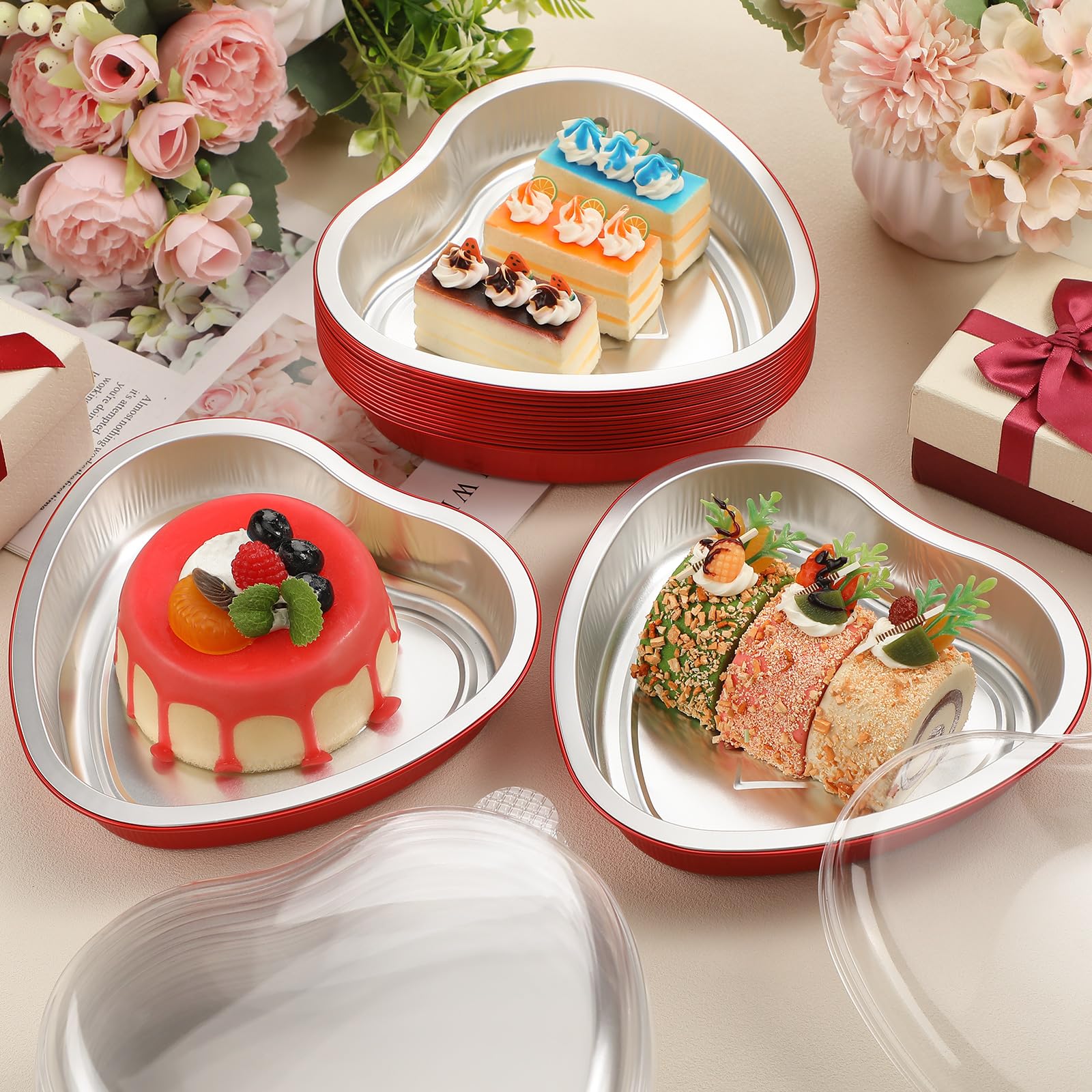 15 moldes de 22 onzas para pasteles de San Valentín, moldes de papel de aluminio para horno rojo con tapas, postres para hornear, tazas desechables para cupcakes para San Valentín, cumpleaños, 5