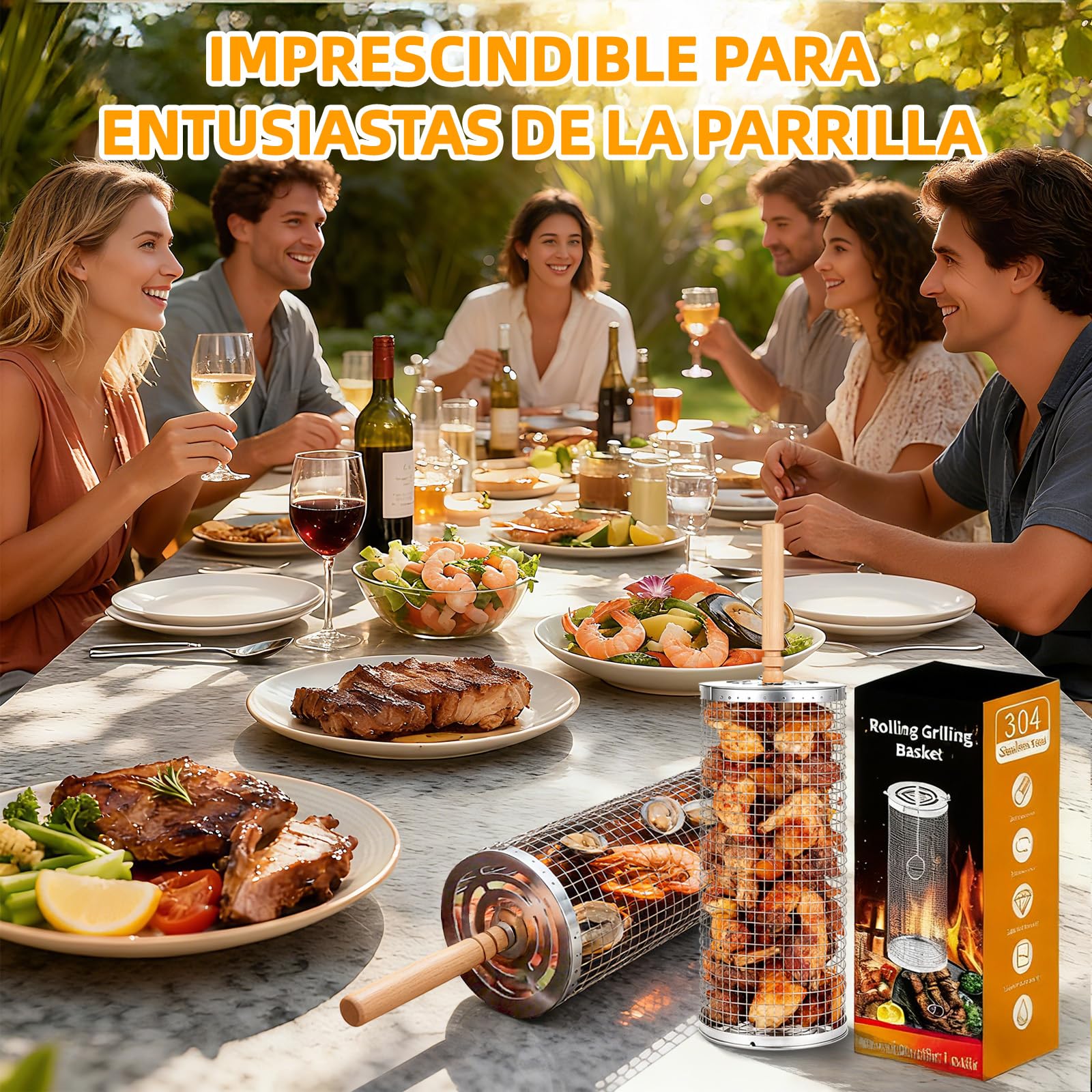 Juego de 2 Cilíndrica Parrilla Barbacoa Acero Inoxidable 304, Accesorios Barbacoa con Mango de Madera Extraíble, Utensilios bbq para Asar Verduras, Carne, Parrilla Cesta para Gas, Carbón Barbacoas