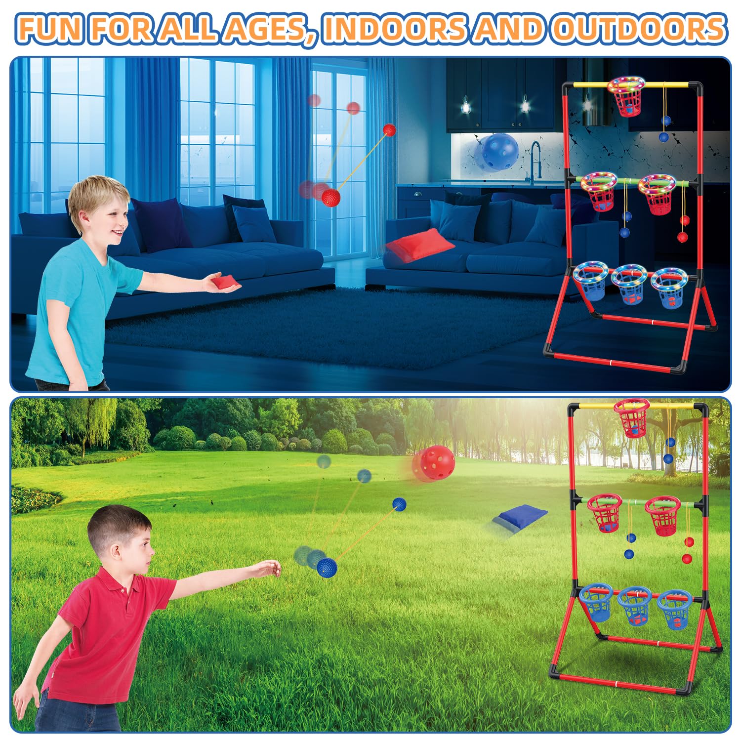 Gartenspiele für Kinder Erwachsene - 3-In-1 leitergolf, Gartenpong mit 6 leuchtenden Körben, Sitzsack Wurfspiel - Wurfspiel Outdoor für Familienfeiern