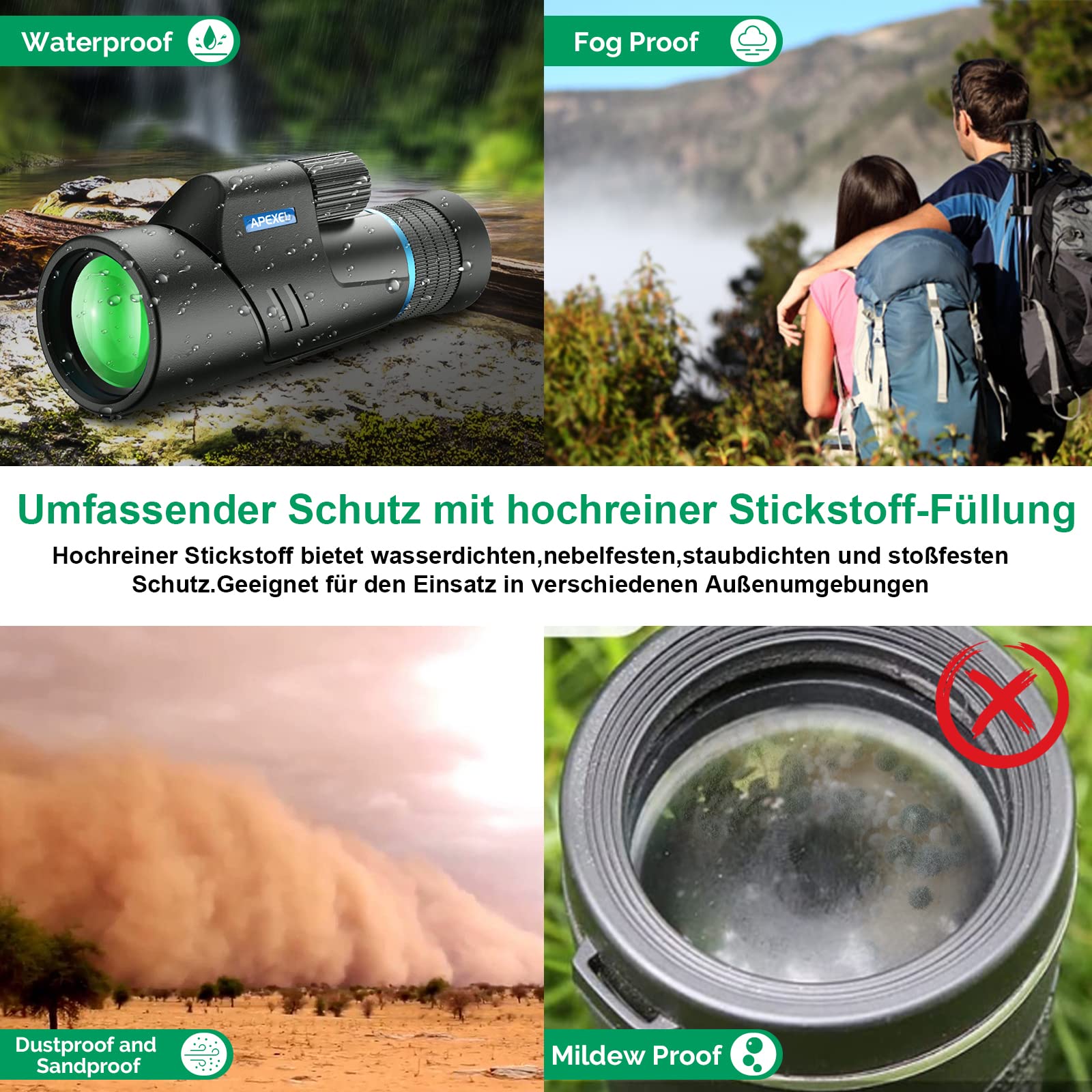 APEXEL 10-20X50 Optischer Zoom Monocular Telescope,HD Monokulare Fernrohr Erwachsene, BAK4/FMC Wasserdicht Leichtes Teleskop mit Nachtsicht für Wandern Vogelbeobachtung Camping Wildtiere