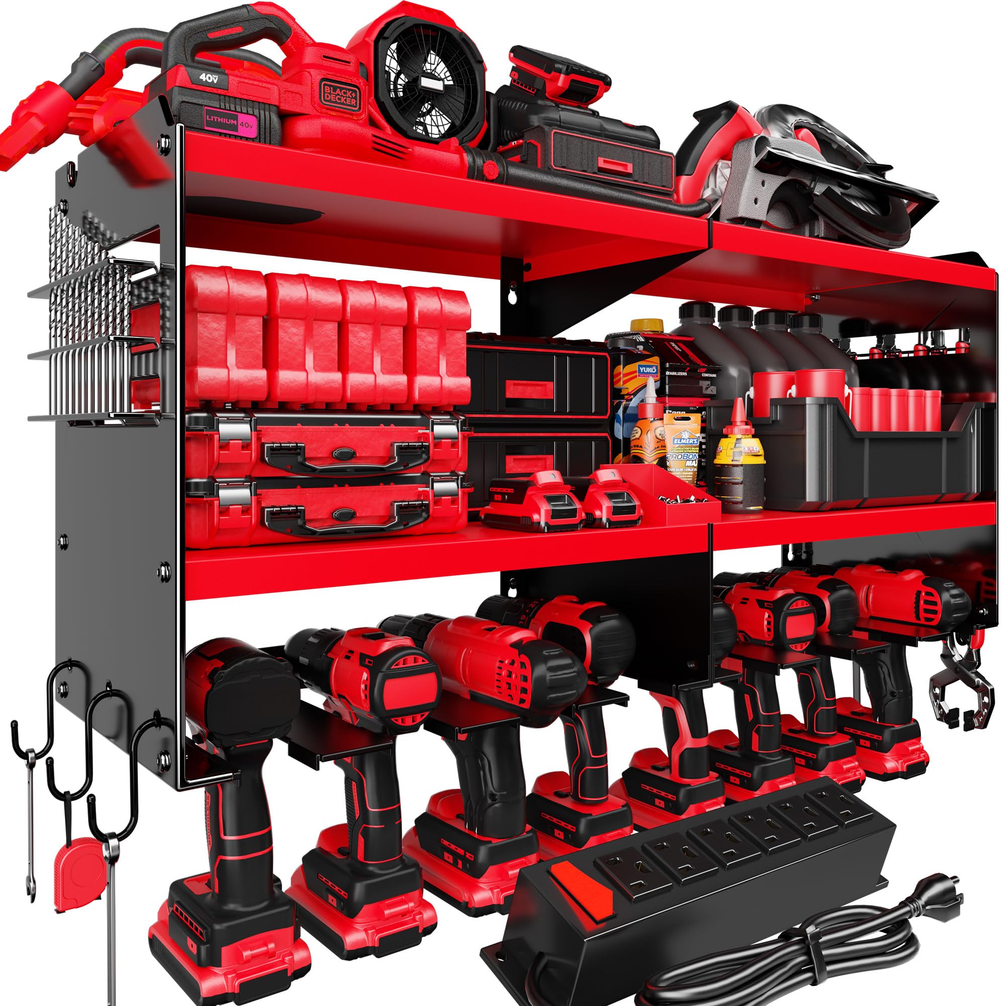 Spampur Power Tool Organizer Wall Mount with Charging Station, 15 Min Assembly & Maximum 420lbs Load by Heavy Duty Metal, 8 Slots for Cordless Drill,