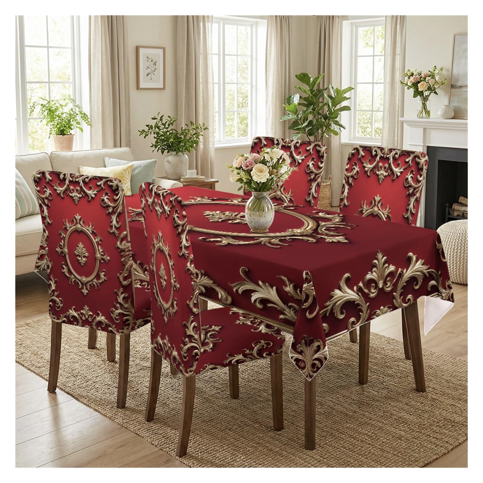 KXUAUV Red Baroque Gold Print Stretch Dining Chair Covers Tablecloth Set, For Kitchen Dining Living Room Luxury Decor, 5/7 Pack Party Decor(5pcs Set: Tablecloth+Chair Covers)