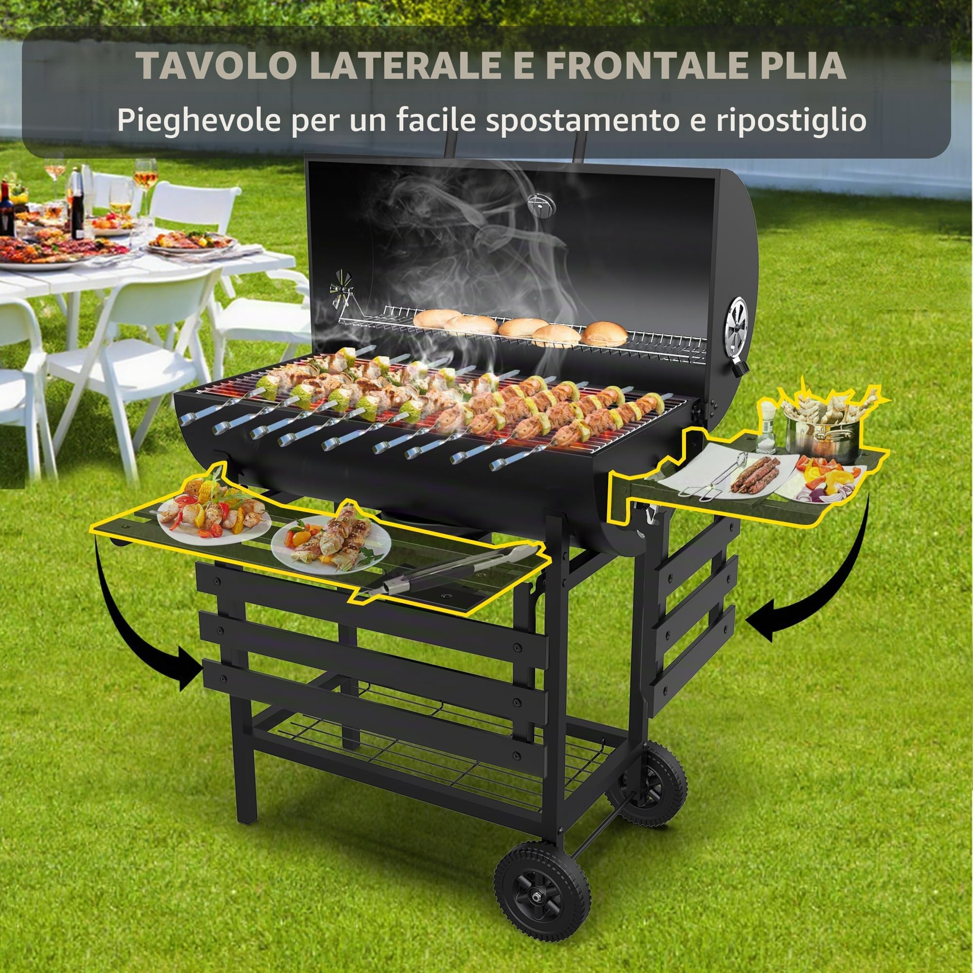 DEWINNER Barbecue a Carbone di Legno XXL con Griglia di Cottura XXL con Due Ripiani, Pinza per Carne alla Griglia, Sfiato Regolabile, Guanti Anti-Bruciore