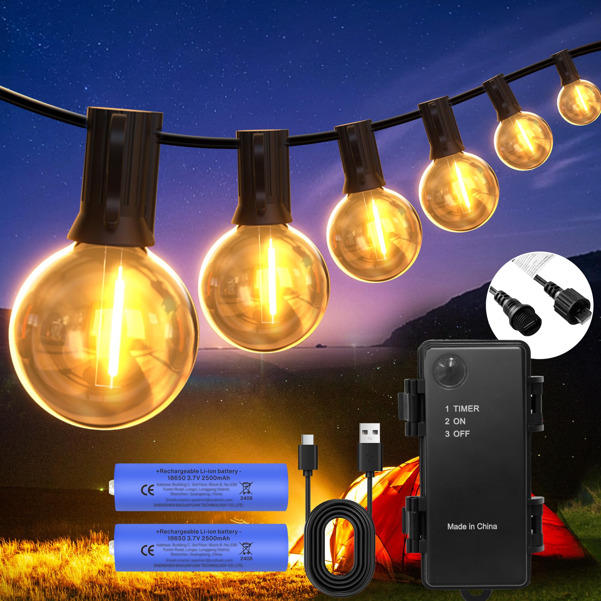 DSLebeen LED Outdoor Lichterkette Außen Batterie Timer 39FT/12M 16+1 G40 LEDs USB Aufladbar 5000mAh Batterie Lichterkette für Außen, Weihnachten, Fenster, Treppen, Gärten, Pavillons, Hochzeite