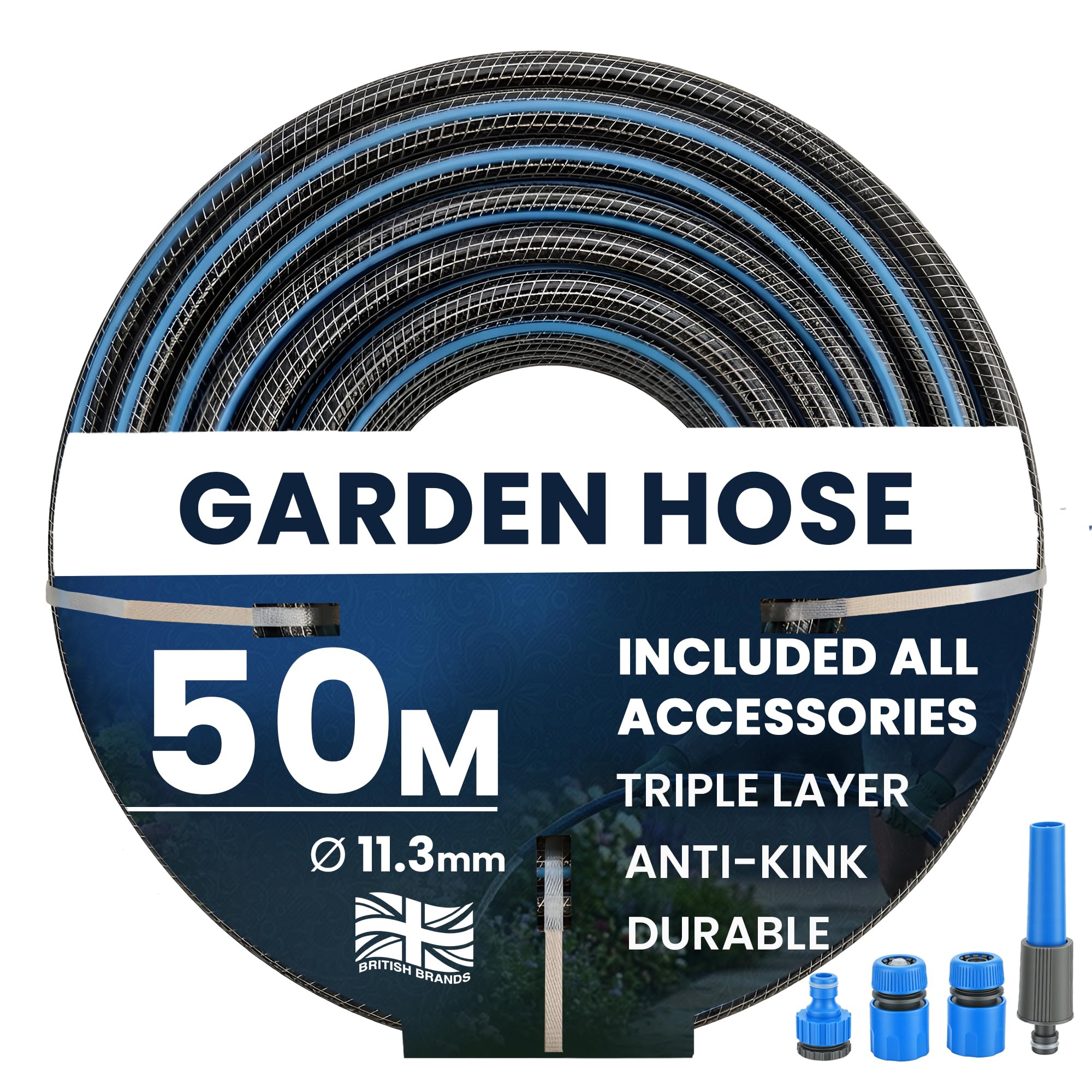 My Garden Outdoor Living Hose Pipe Anti Kink Hosepipe Inc 4 Connectors - 11.3Mm Dia - Durable Triple Layer Water Hose With Spray Nozzle - 50 M