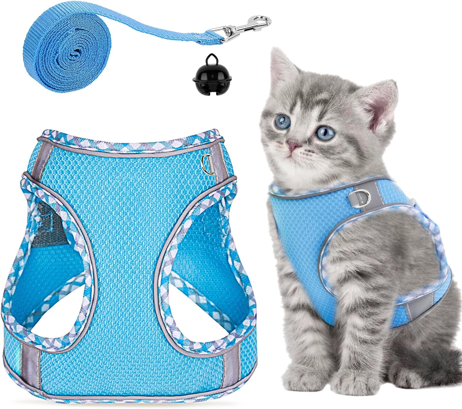 Cat Harness and Lead Set, Breathable Mesh Kitten Harness, Adjustable Escape-Proof Cats Vest with Leash, Reflective Pet Vest for Small Animals Rabbit Puppy - Blue