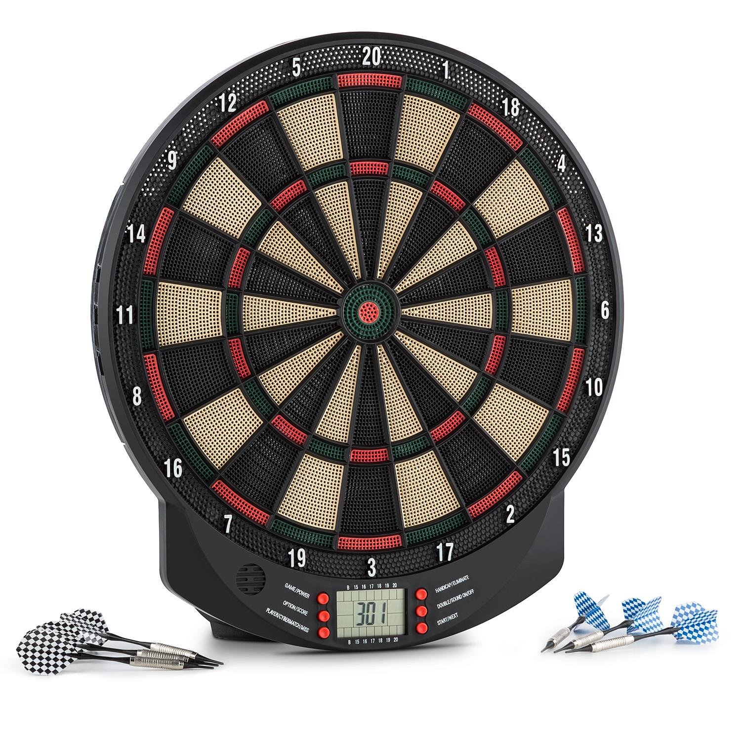 KLAR FIT Dartomat - Bersaglio Elettronico per Freccette, 26 Giochi con oltre 70 Varianti, Computer di Gioco Integrato, 6 Freccette Soft Tip e 6 Punte di Ricambio Incluse, Nero
