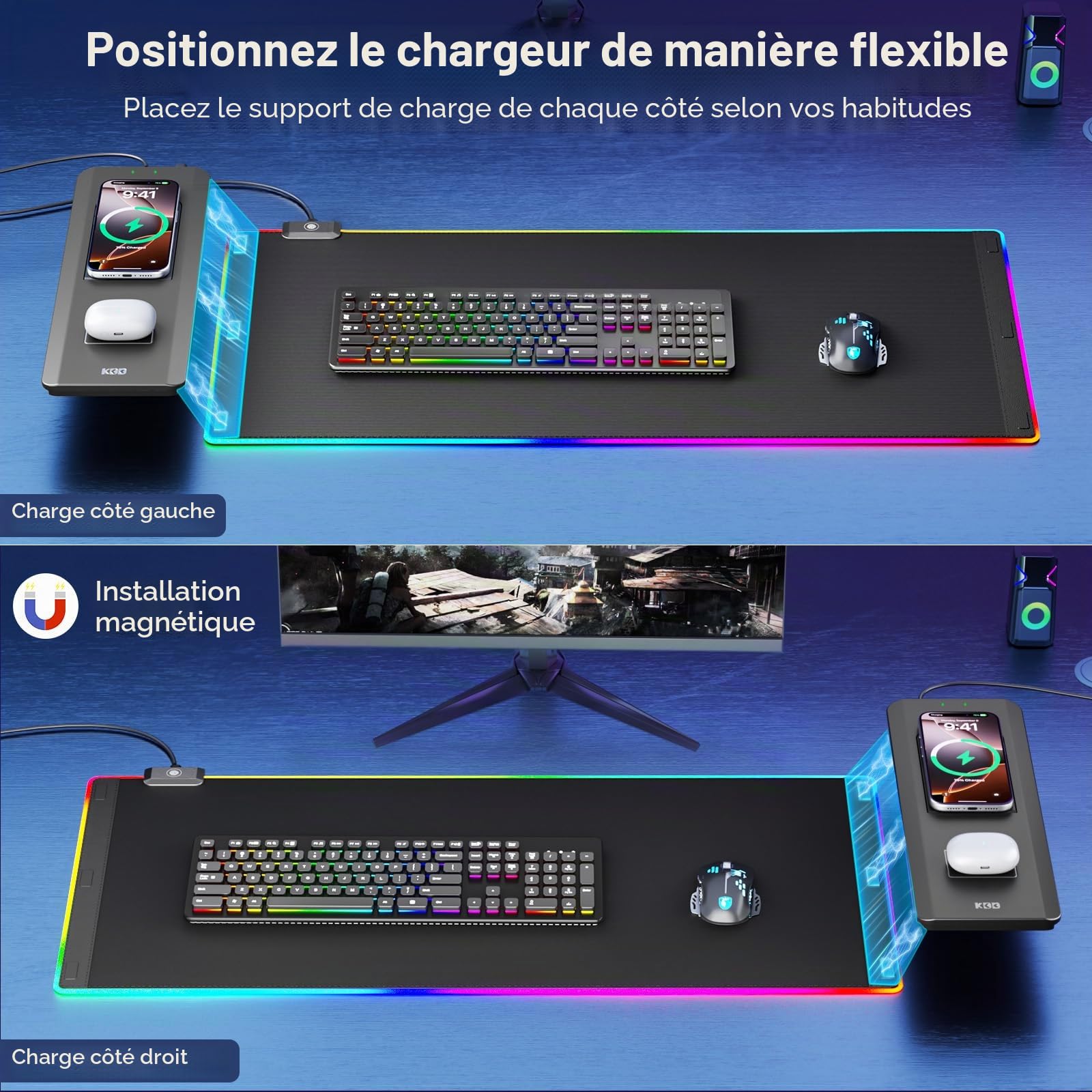 KDD Tapis de Souris avec Support Téléphone Pliable - Recharge sans Fil Rapide 15 W - sous-Main Gaming Surface Ultra-Lisse, Base Antidérapante
