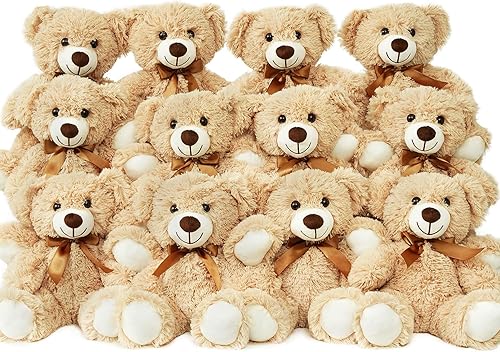 Paquete de 12 osos de peluche pequeños a granel de 13.5 pulgadas para baby shower, centro de mesa de decoración para Navidad, San Valentín, día de