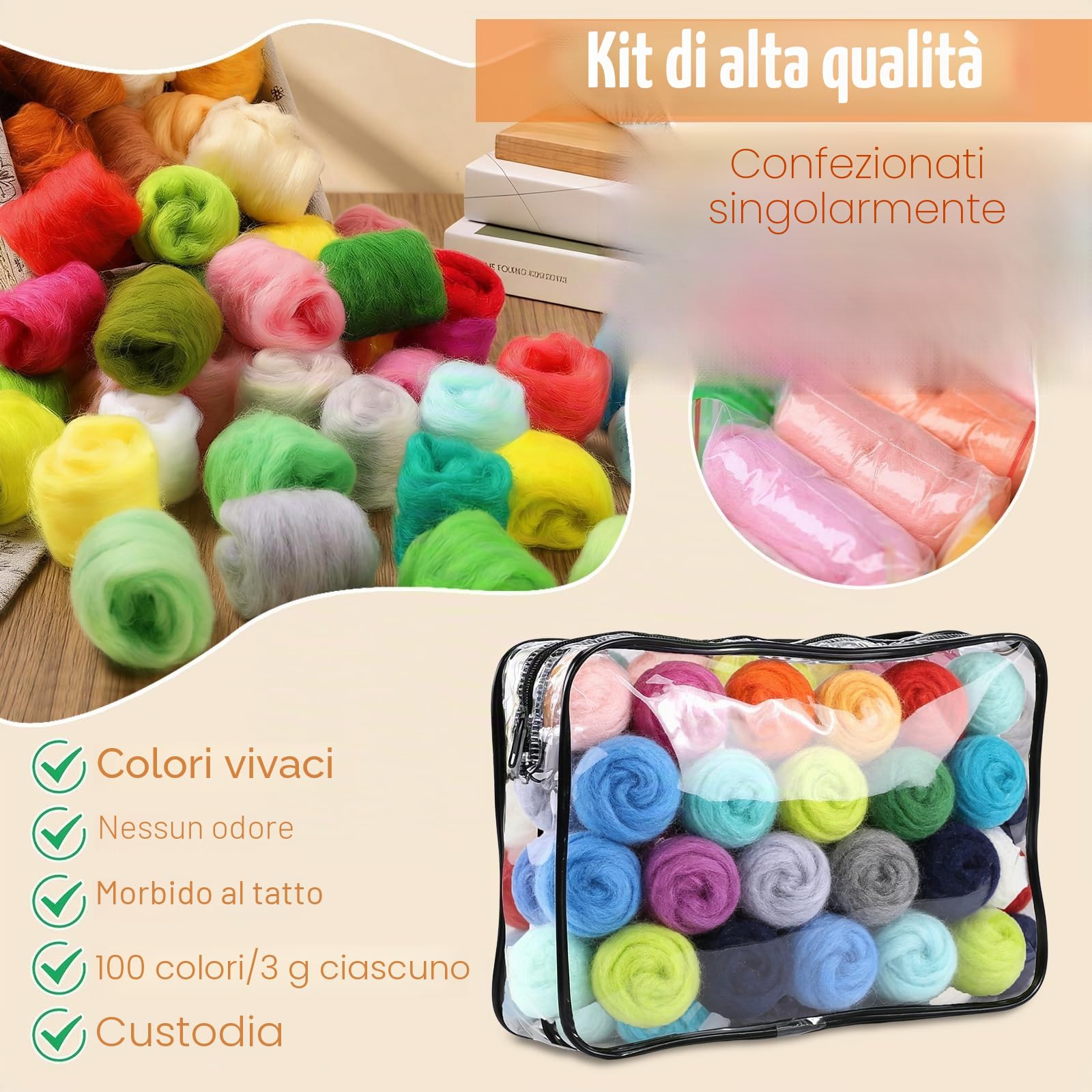 Set di Lana per Infeltrire 100 Colori,300g Lana Aghi & Strumenti | Strisce di Lana per Infeltrire per Infeltrimento a Secco e ad Umido,Adatto per Creazioni di Animali Fai da Te e Kit di Infelt