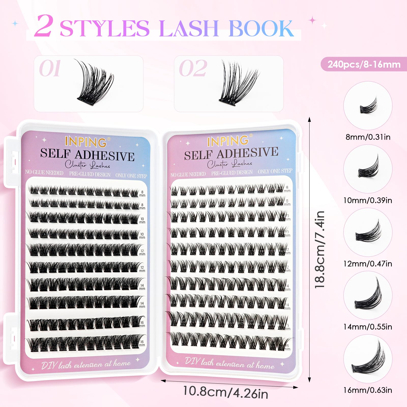 INPING Samoprzylepne sztuczne rzęsy, 2 style puszystych rzęs włos po włosie Objętość Lashes bez kleju, przedłużki rzęs z pęsetą dla początkujących DIY Lashes wielokrotnego użytku, 8-16 mm