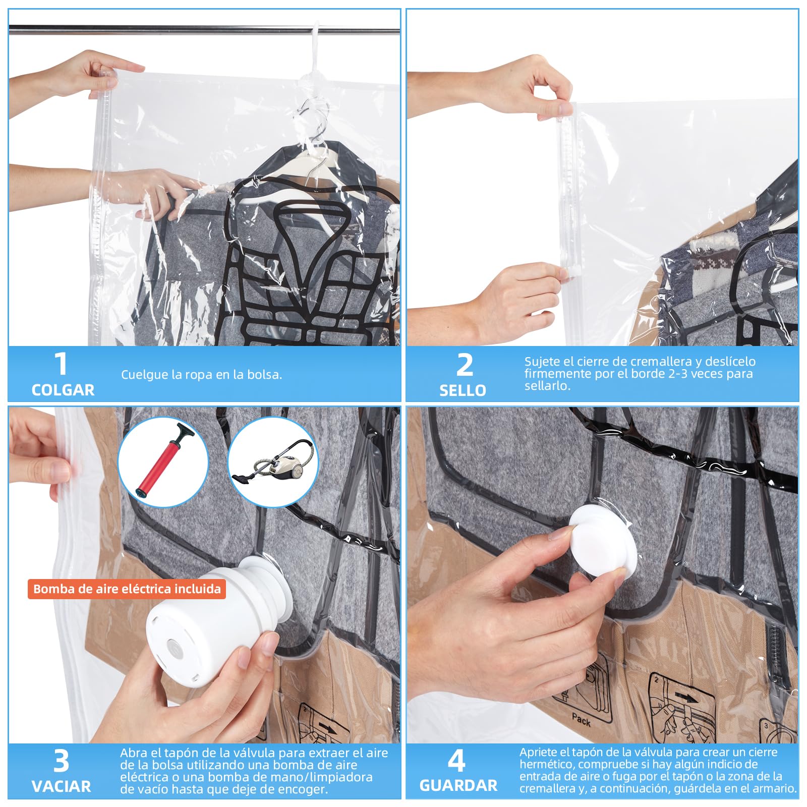 AGPTEK 6 Bolsas Vacío Colgantes para Trajes y Abrigos con Bomba Eléctrica, Ahorra 80% Espacio, Material PA+PE 8 Mil Reutilizable para Viaje y Almacenamiento Ropa