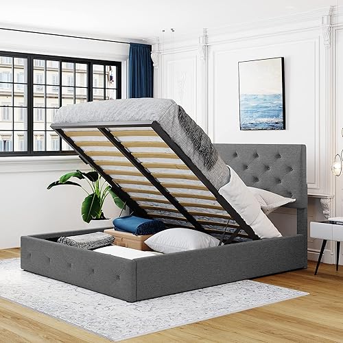 Harper & Bright Designs Queen Bed with Storage Underneath, Upholstered Platform Bed with Lift Up Storage and Tufted Headboard, Wooden Bed Frame for Teens Adults (Queen Size, Gray)