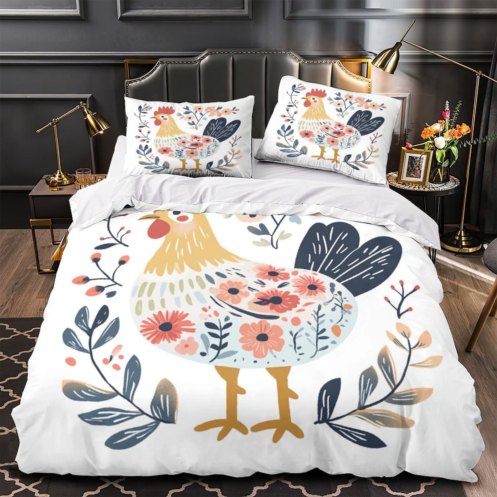 Parure de lit King en microfibre premium au motif floral dessiné à la main