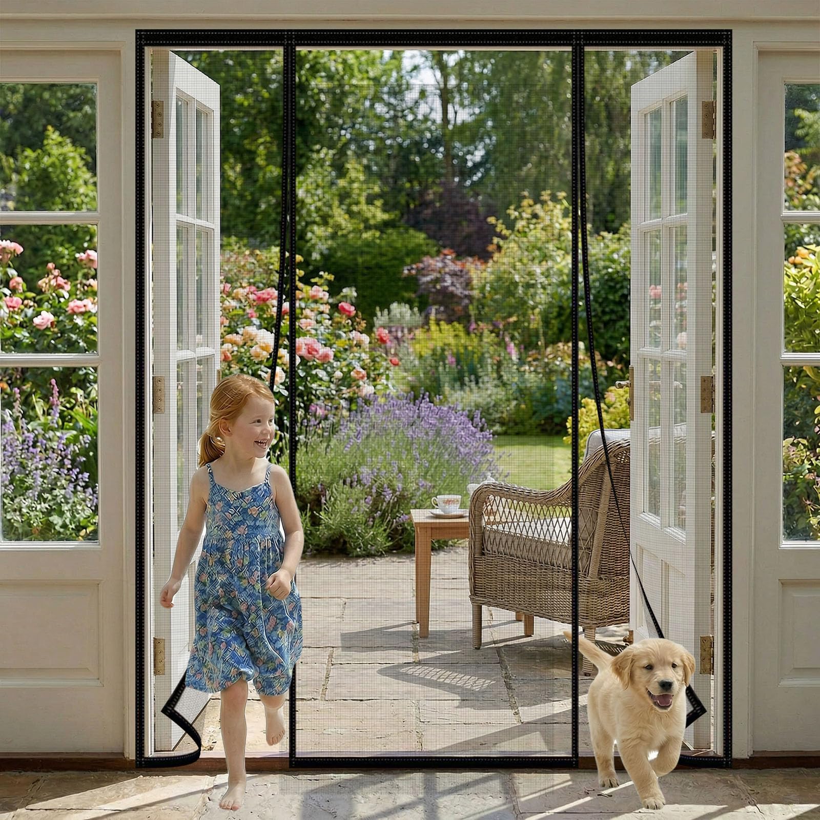 Magnetic Double-Door Fly Screen, Anti-Mosquito Mesh Curtain Door, Heavy-Duty Self-Sealing with Powerful Magnets & Full Frame Hook and Loop Fastener, No Drill Installation,185x190cm, Black