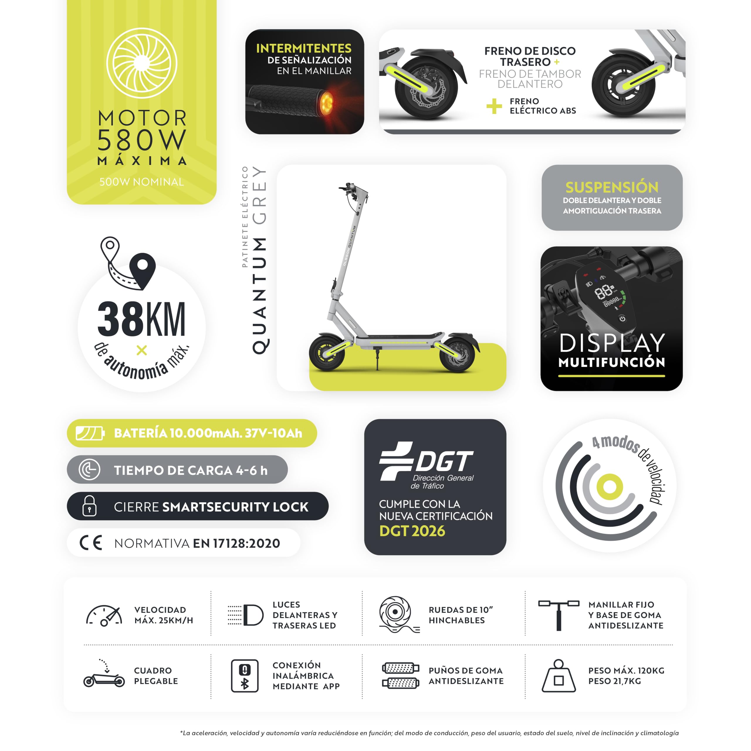 OLSSON Quantum Patinete Eléctrico Adultos Homologado DGT - 36V 580W Pot máxima 500 Nominal - Ruedas 10" - Intermitentes - Control de Crucero - Plegable - Bloqueable
