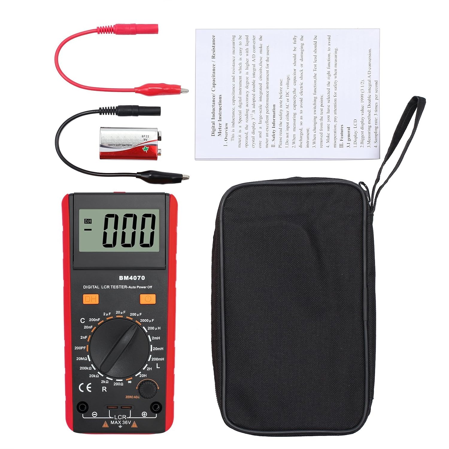 Contents of the ALLmeter BM4070 LCR Meter package, including the meter, crocodile clips, 9V battery, user manual, and portable bag.