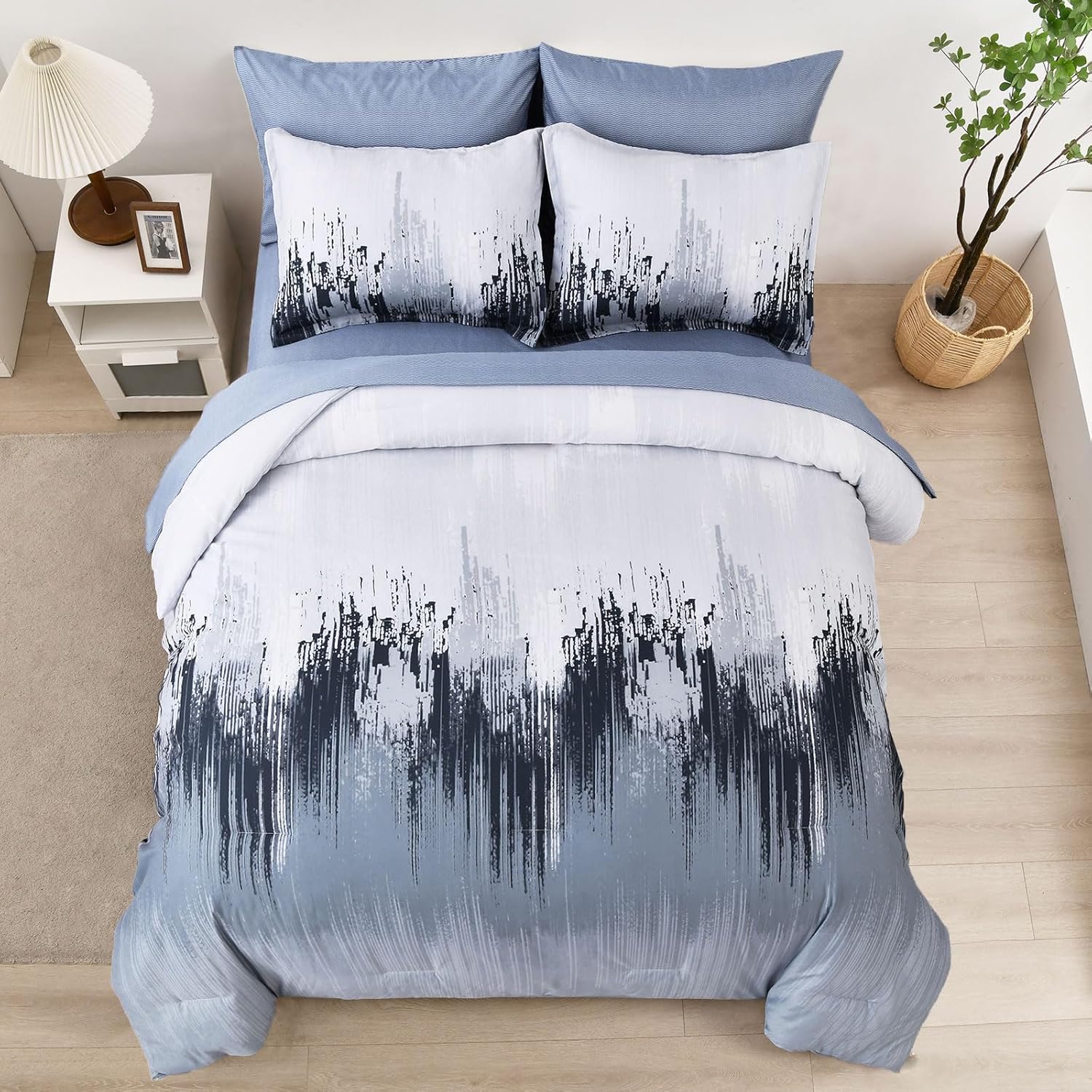 WONGS BEDDING Comforter Set King, Blue 7 Pieces Bed in a Bag Abstract Art Gradient Comforter Dusty Blue Soft Microfiber Bedding with Comforter, Flat Sheet, Fitted Sheet, Pillow Shams,Pillowcases - Image 3