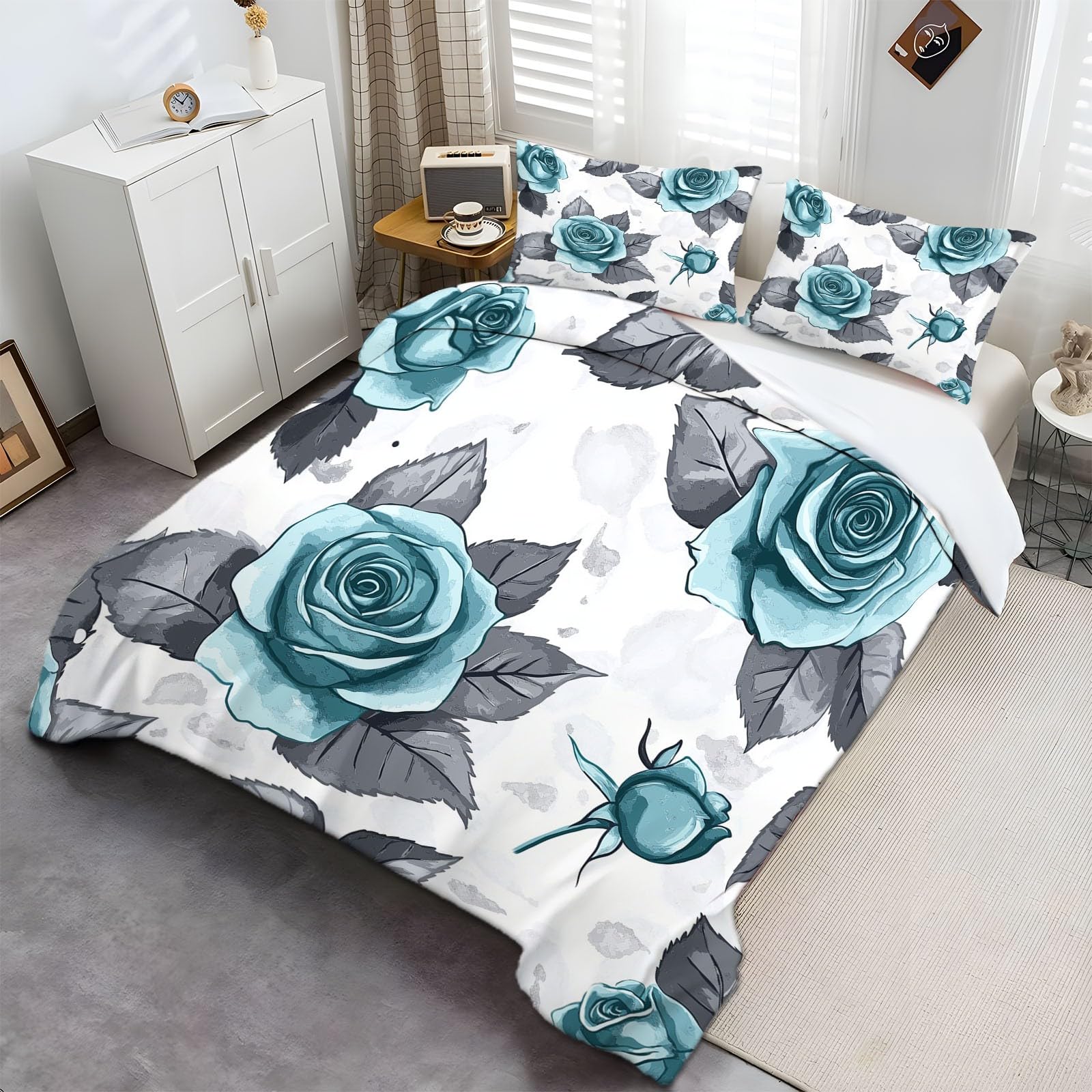 Funda nórdica 150 x 200 cm, Juego de Ropa de Cama para Rosa Gris Turquesa 3 Piezas, Incluye 1 Funda nórdica y 2 Fundas de Almohada 50 x 75 cm