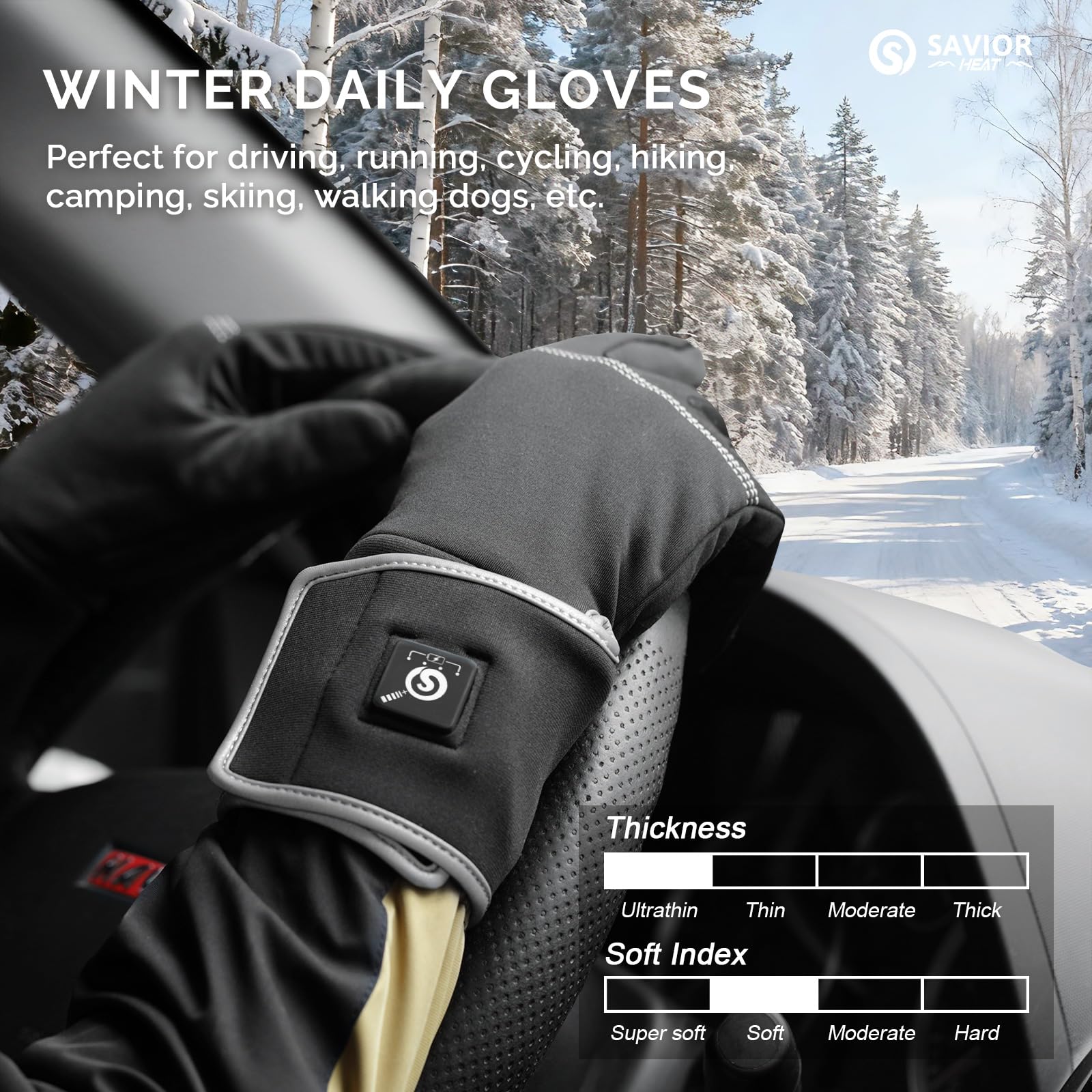 SAVIOR HEAT Gants Chauffants pour Hommes et Femmes, Gants d'hiver Fins Thermiques à Batterie Rechargeable électrique pour Temps Froid Ski Neige Conduite Cyclisme Course à Pied