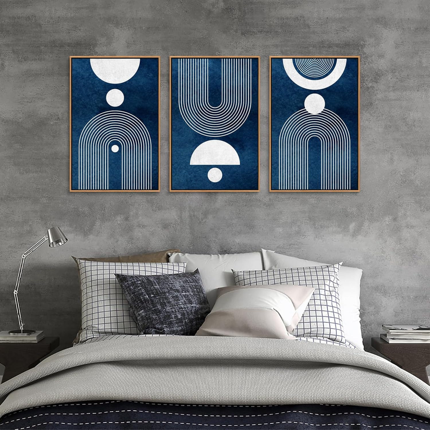 Framed Boho Canvas Wall Art - Mid Century Modern Geometric Pictures Prints Blue and White Minimalist Artwork Bohemian Wall Art for Bedroom Living Room Bathroom Office Decor 16" x 24" x 3 Piece Set