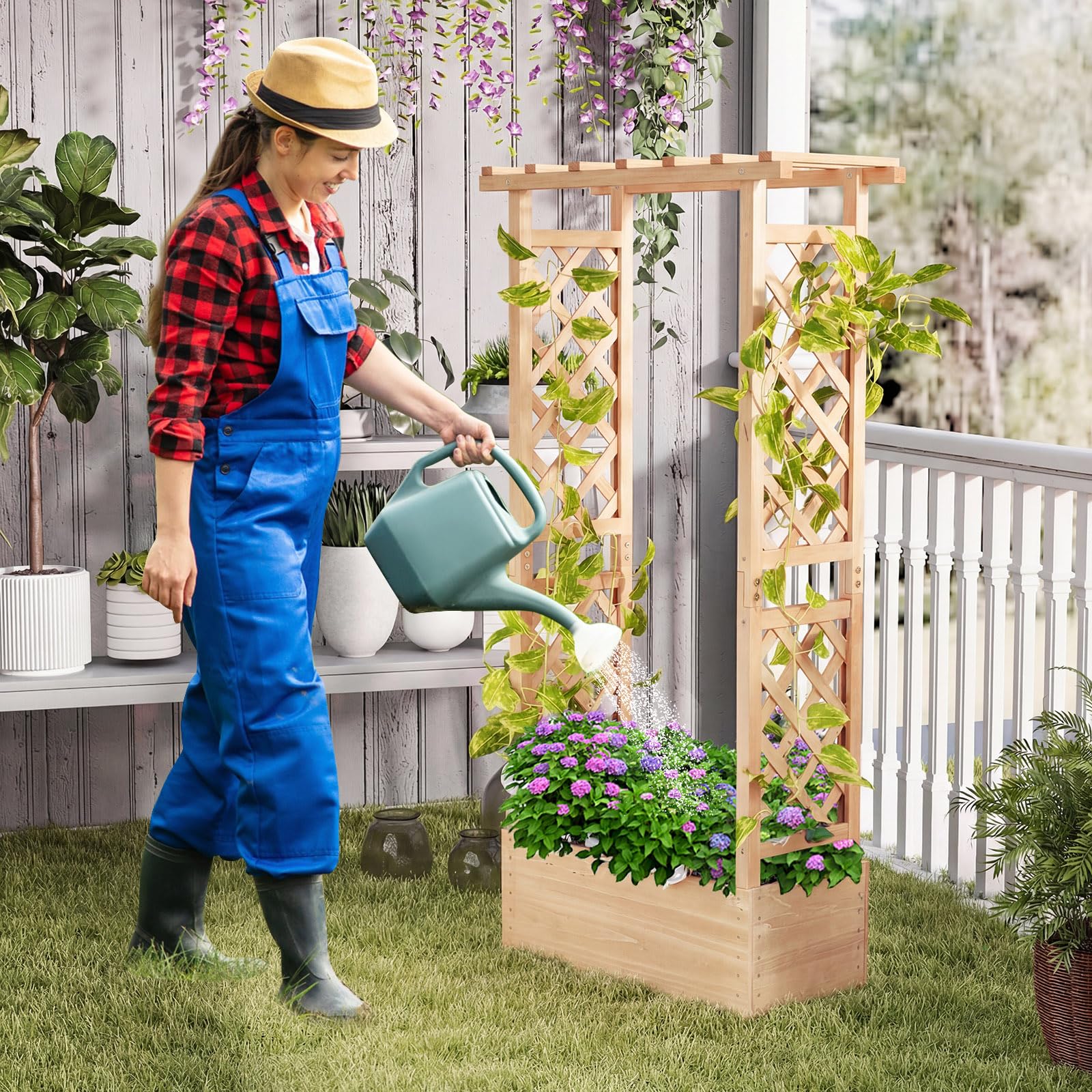COSTWAY Cama de Jardín Elevada con Enrejado, Jardinera de Madera Independiente con Techo para Colgar, Agujeros de Drenaje para Plantas Trepadoras, Flores, Maceta de Plantación para Patio (Natural)